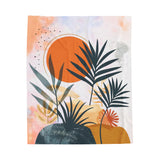 Tropical Leaves and Orange Circle Print Velveteen Plush Blanket, Palm Leaf Summer Throw Blanket, Summer Bedroom Decor, Tropical gift blanket