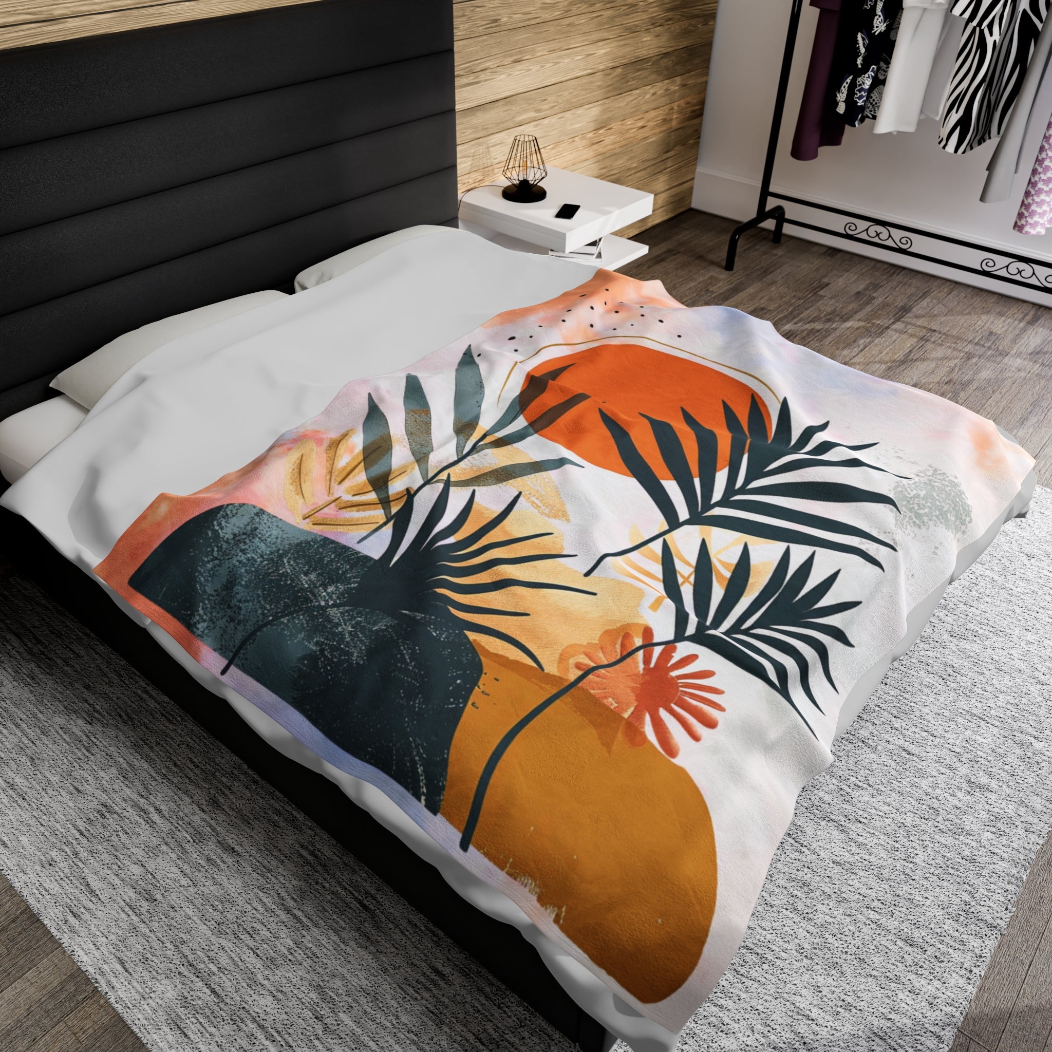 Tropical Leaves and Orange Circle Print Velveteen Plush Blanket