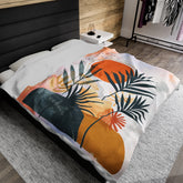 Tropical Leaves and Orange Circle Print Velveteen Plush Blanket