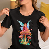 Little fairy sitting mushroom Fantasy Tshirt, Cottagecore Shirt, Botanical Mushroom Shirt, Mushroom And Floral Shirt, Botanical Shirt