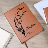 Fully Customizable laser engraved customizable feather quill notebook Journal with custom quote custom text leather bound