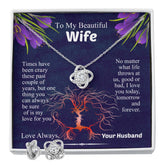 To My Beautiful Wife Love Knot Necklace & Earring Set, Necklace for Wife, Anniversary Gift for Wife, Wife Birthday Gift, Message Card Jewelry