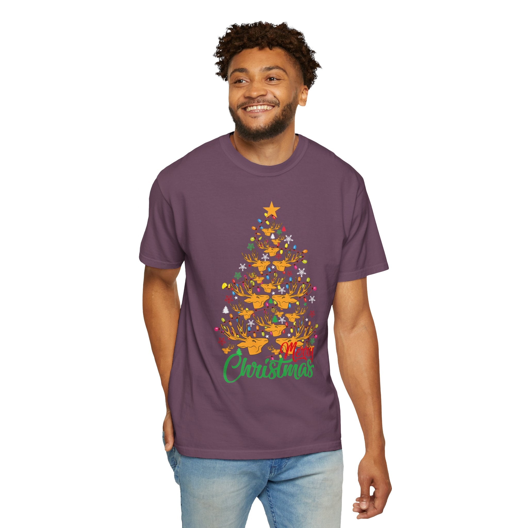 Christmas Tee, Christmas Deer Tree Shirt, Deer Head Trees Design on premium cotton unisex shirt, plus sizes, 2x, 3x, 4x