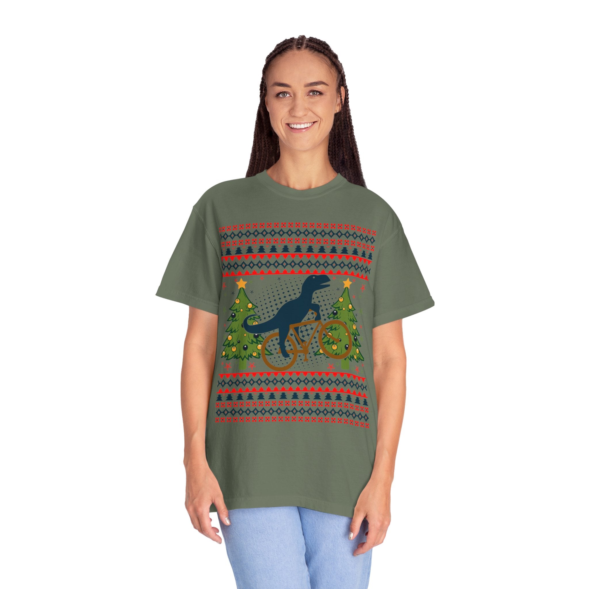 Ugly Christmas Dinosaur Riding Bike Shirt, Dinosaur Christmas Sweater, Dino Riders Tshirt, Dinosaur on a Bike Shirt