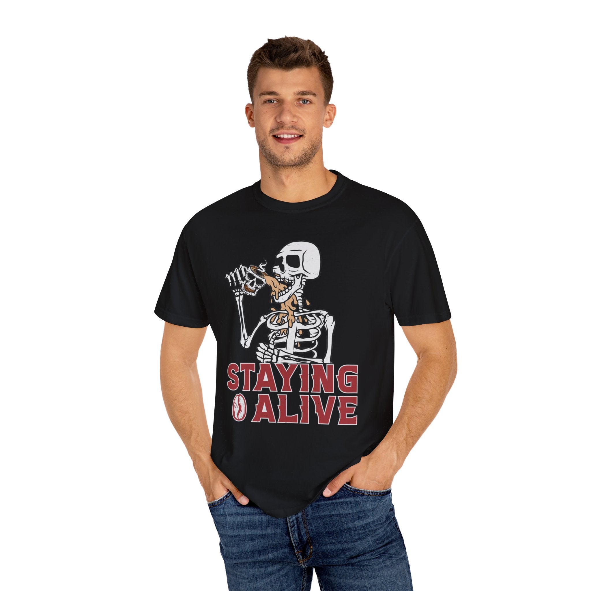 Staying Alive Shirt, Trendy Coffee Shirt, Funny Skeleton T-Shirt, Coffee Lovers Gift Skull Vintage Halloween Tshirt Women Comfort Colors Tee