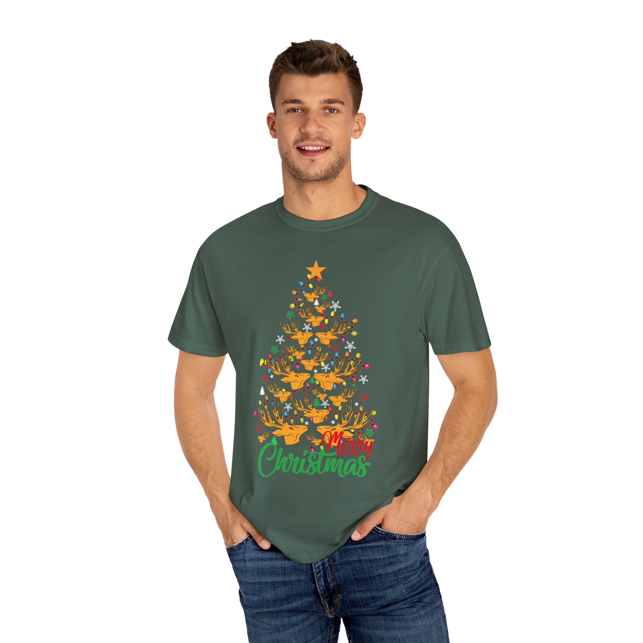 Christmas Tee, Christmas Deer Tree Shirt, Deer Head Trees Design on premium cotton unisex shirt, plus sizes, 2x, 3x, 4x