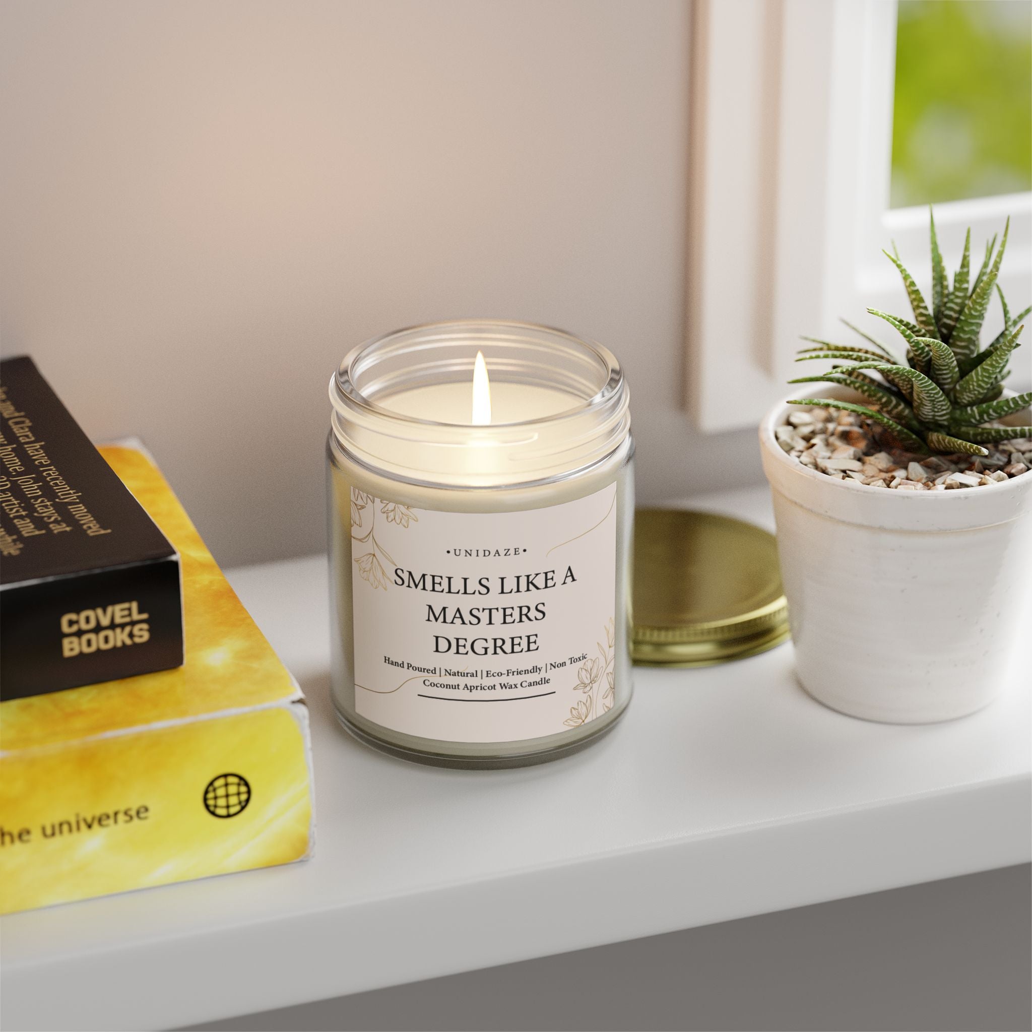 Smells Like A Masters Degree Scented Coconut Candle, Hand Poured 4 oz. 9 oz. Glass Jar, Two Degrees Hotter, Minimal, Graduation Gift, MBA MS MA