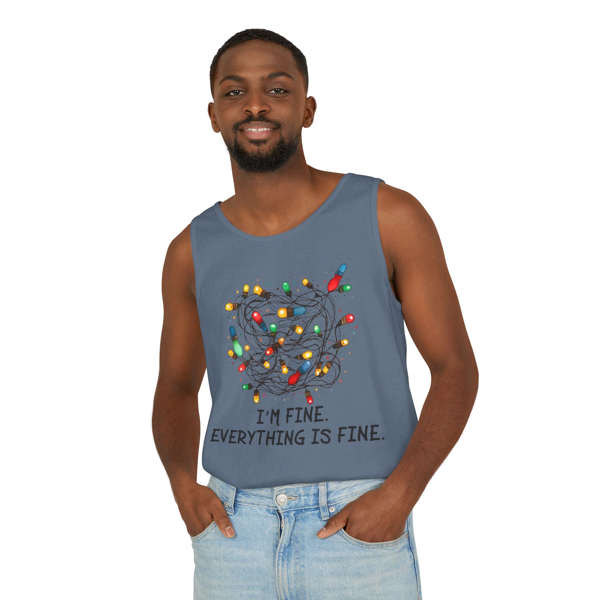 I'm Fine Everything is Fine Tank Top, Tangled Christmas Lights Tank Top, Unisex Xmas Graphic Tee, Christmas Lights Tank top