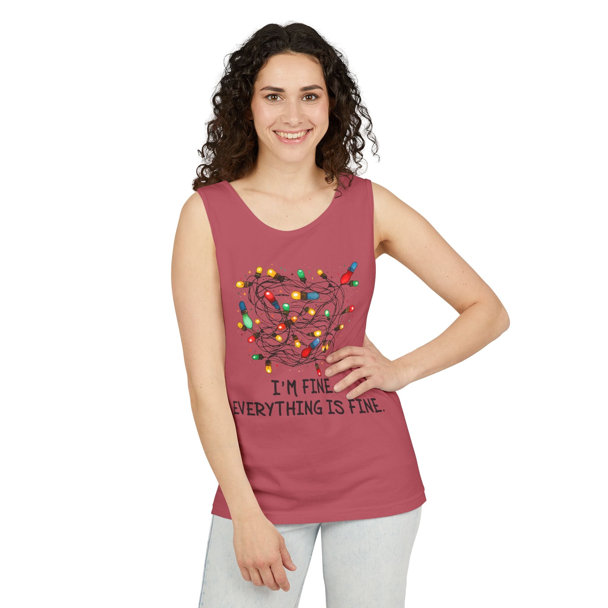 I'm Fine Everything is Fine Tank Top, Tangled Christmas Lights Tank Top, Unisex Xmas Graphic Tee, Christmas Lights Tank top