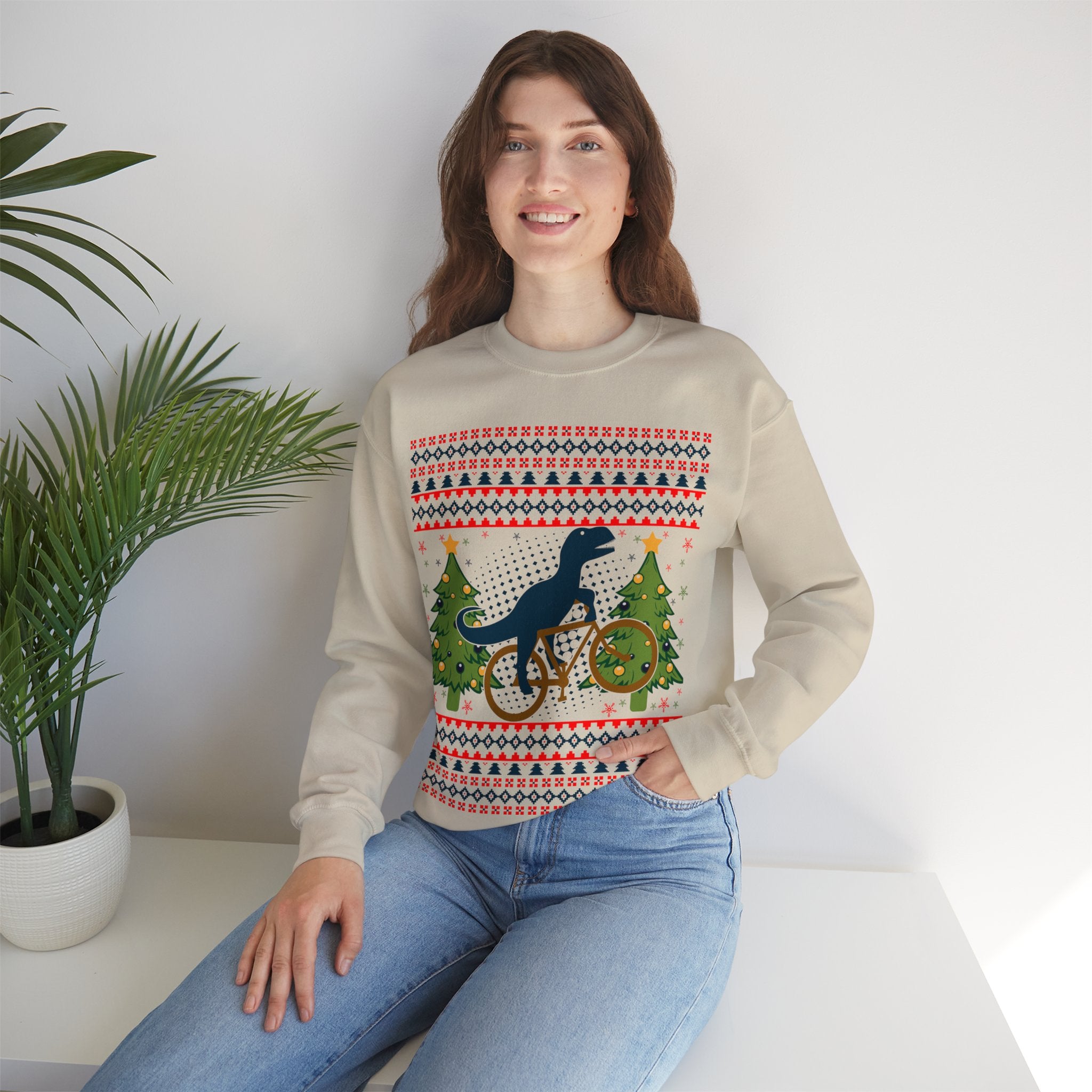 Ugly Christmas Dinosaur Riding Bike Sweater, Dinosaur Christmas Sweatshirt, Dino Riders shirt, Dinosaur on a Bike Shirt