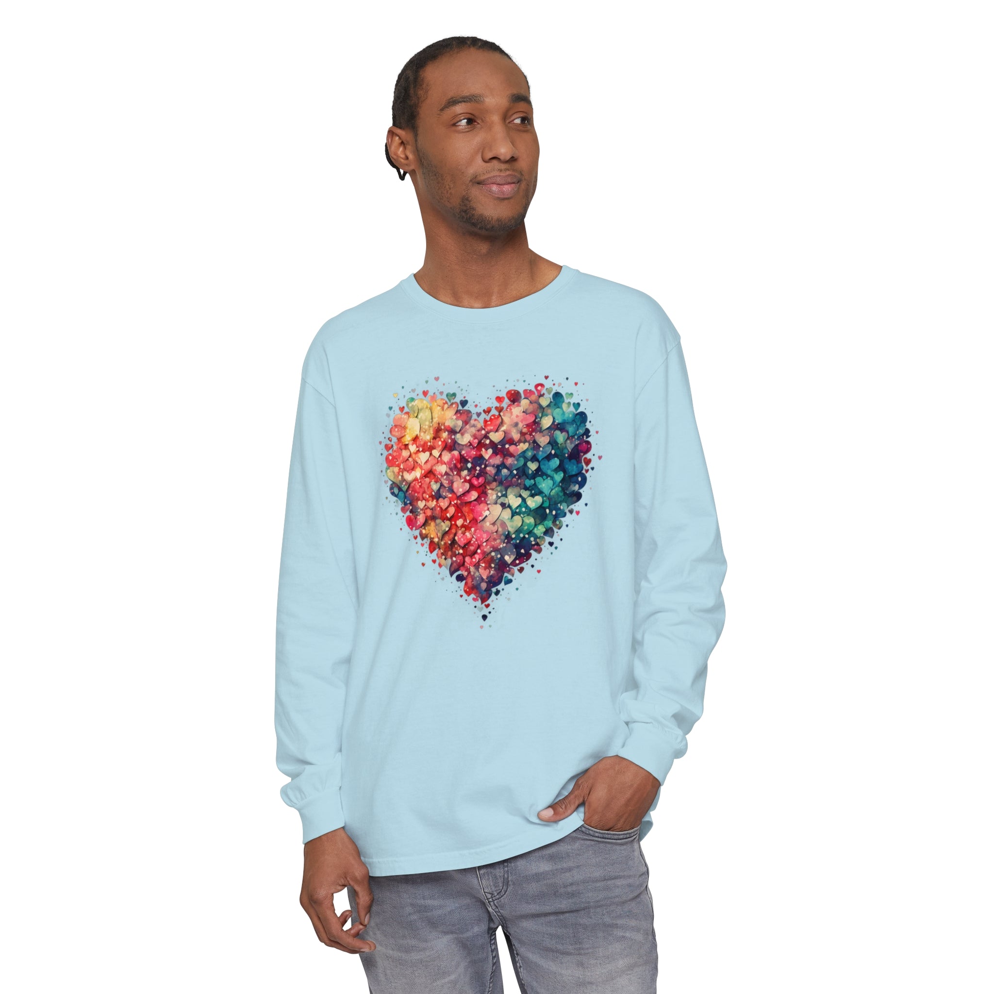 Watercolor Heart Long Sleeve T-Shirt, Colorful Heart Shirt, Cute Heart Valentines Love Long sleeve Tee, Beautiful Watercolor Heart, Hearts Layered Design