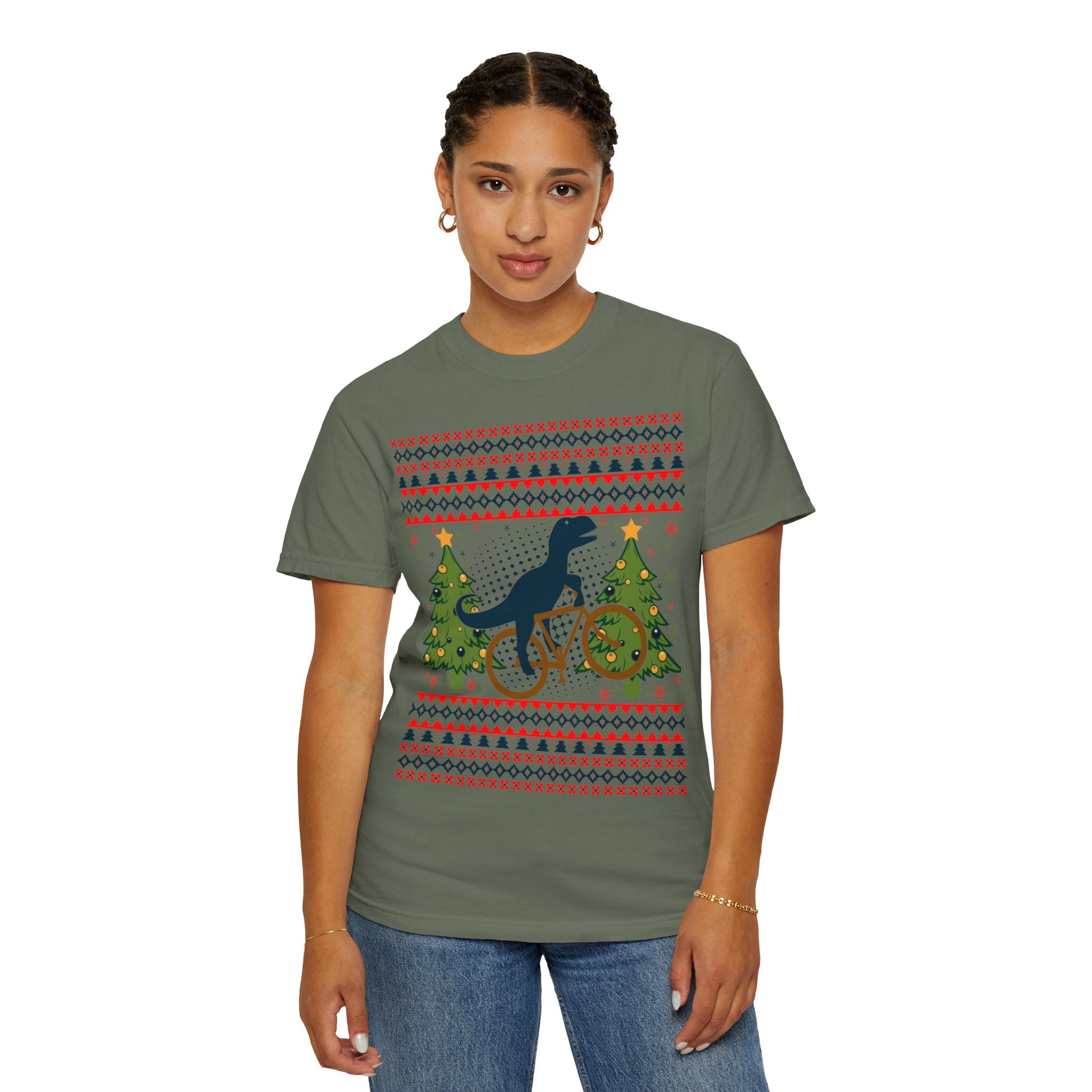 Ugly Christmas Dinosaur Riding Bike Shirt, Dinosaur Christmas Sweater, Dino Riders Tshirt, Dinosaur on a Bike Shirt