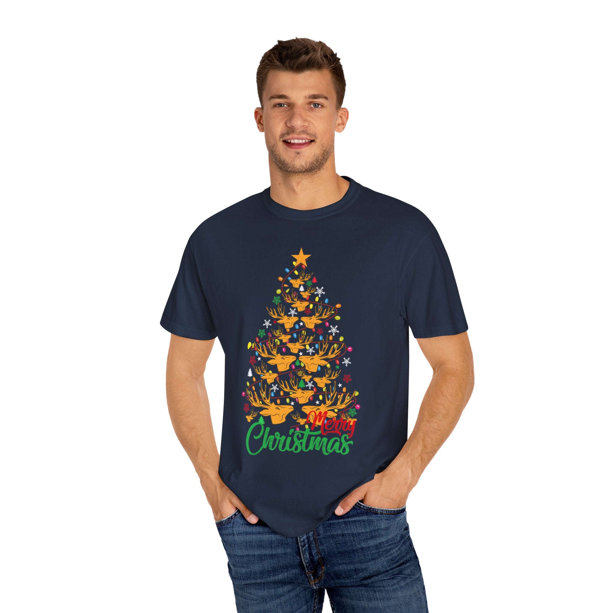 Christmas Tee, Christmas Deer Tree Shirt, Deer Head Trees Design on premium cotton unisex shirt, plus sizes, 2x, 3x, 4x