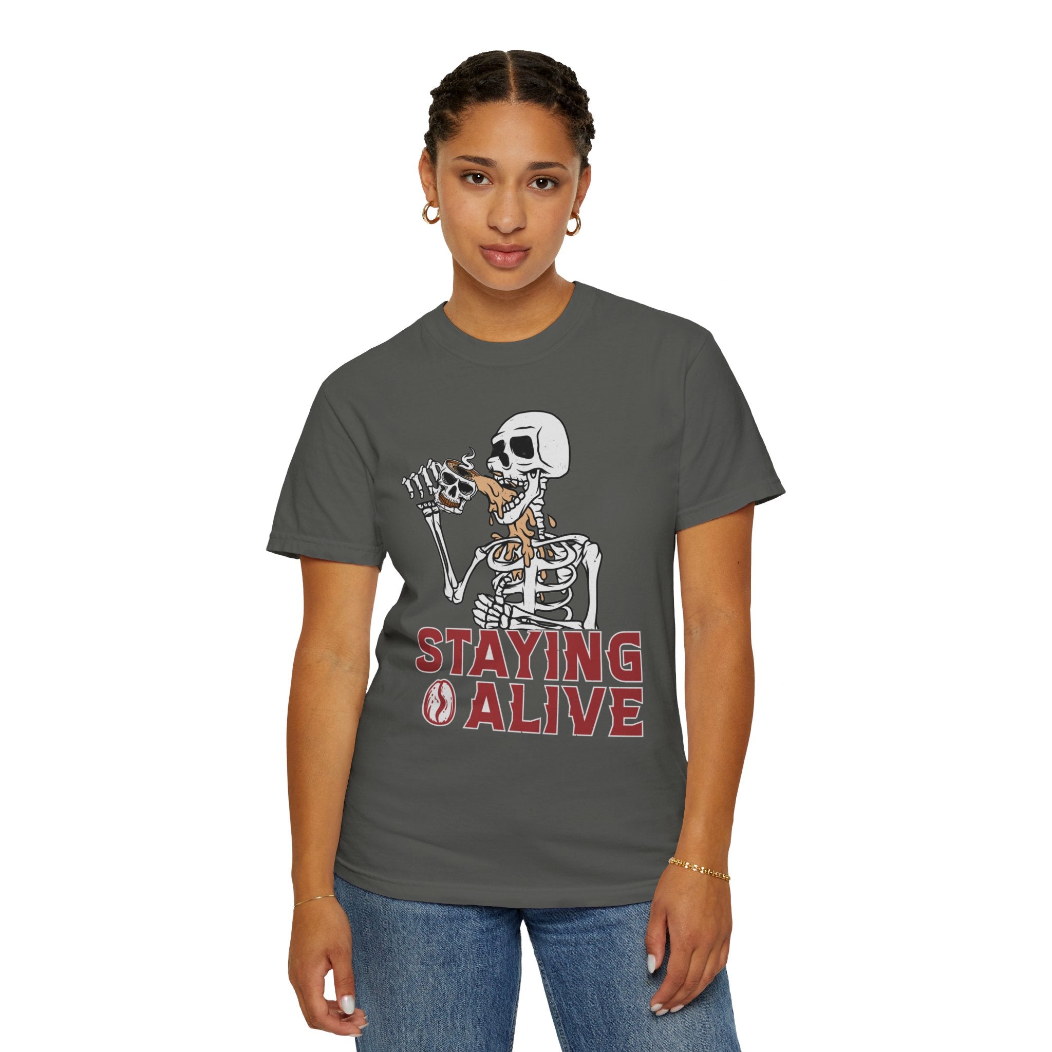 Staying Alive Shirt, Trendy Coffee Shirt, Funny Skeleton T-Shirt, Coffee Lovers Gift Skull Vintage Halloween Tshirt Women Comfort Colors Tee