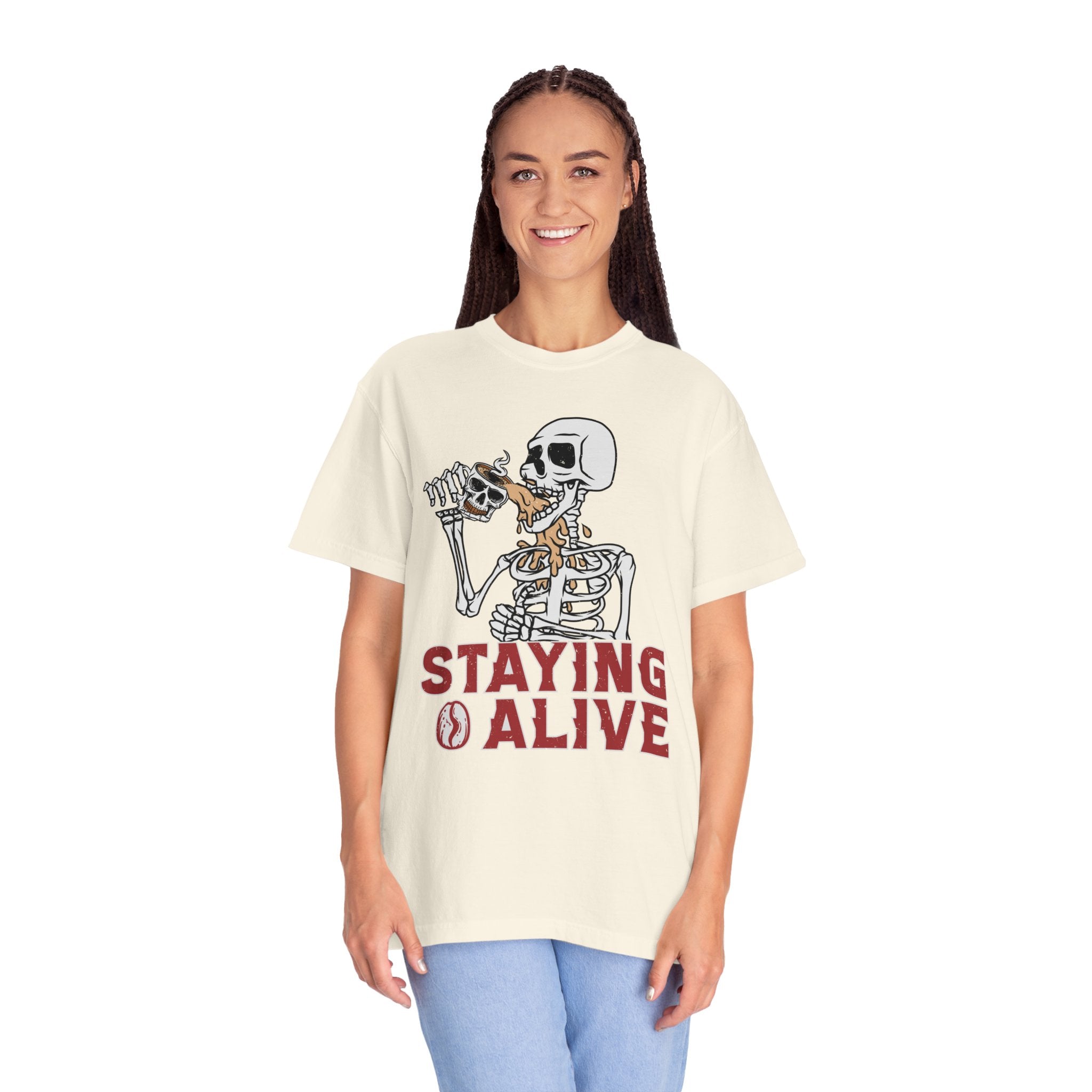 Staying Alive Shirt, Trendy Coffee Shirt, Funny Skeleton T-Shirt, Coffee Lovers Gift Skull Vintage Halloween Tshirt Women Comfort Colors Tee