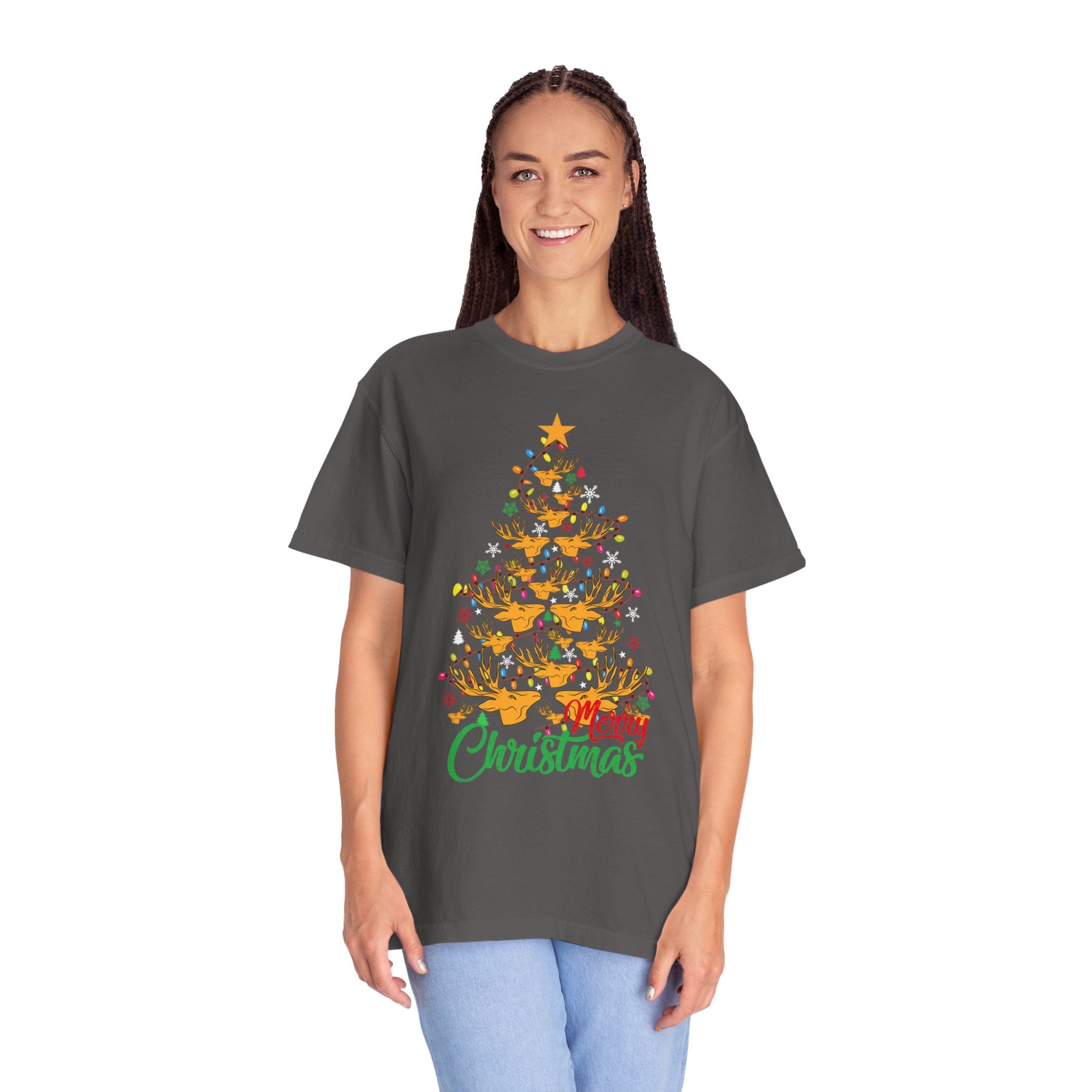 Christmas Tee, Christmas Deer Tree Shirt, Deer Head Trees Design on premium cotton unisex shirt, plus sizes, 2x, 3x, 4x