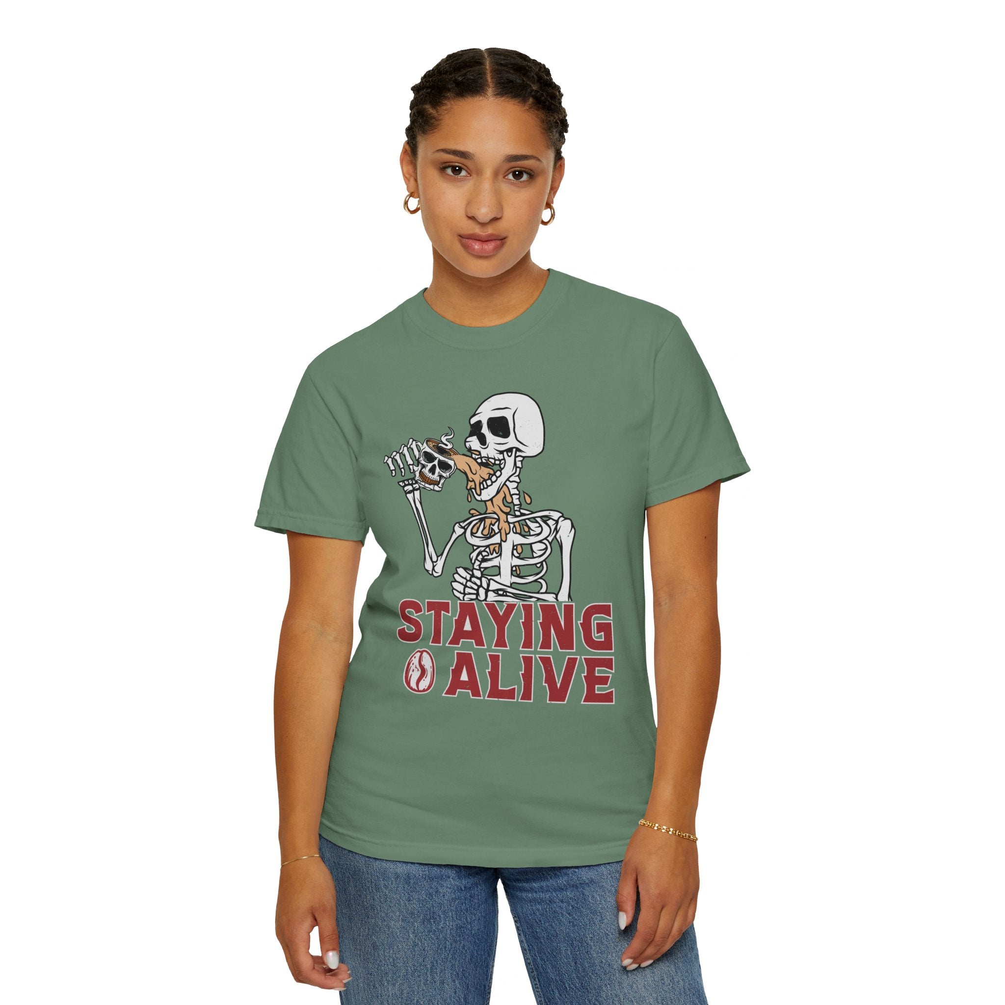 Staying Alive Shirt, Trendy Coffee Shirt, Funny Skeleton T-Shirt, Coffee Lovers Gift Skull Vintage Halloween Tshirt Women Comfort Colors Tee