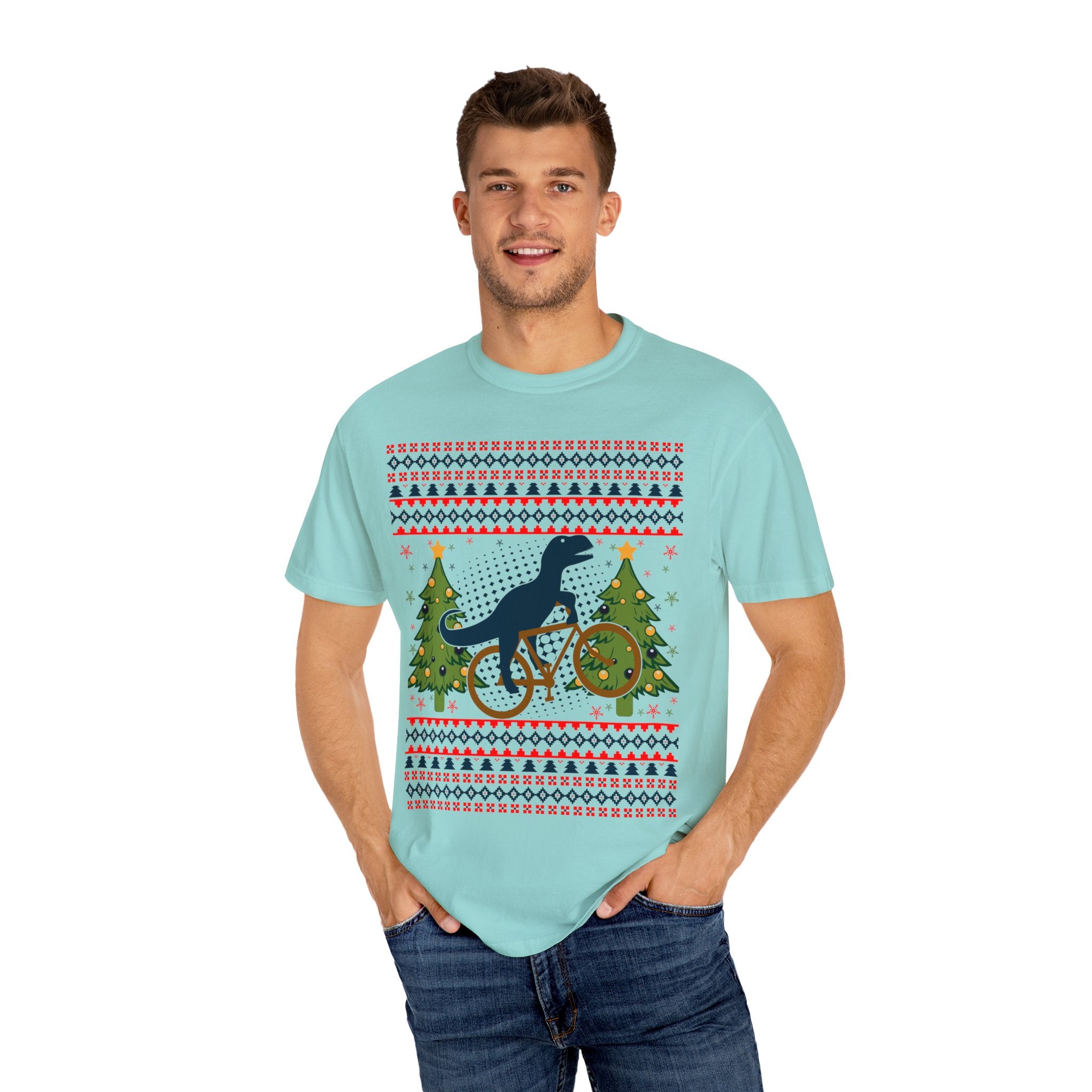 Ugly Christmas Dinosaur Riding Bike Shirt, Dinosaur Christmas Sweater, Dino Riders Tshirt, Dinosaur on a Bike Shirt