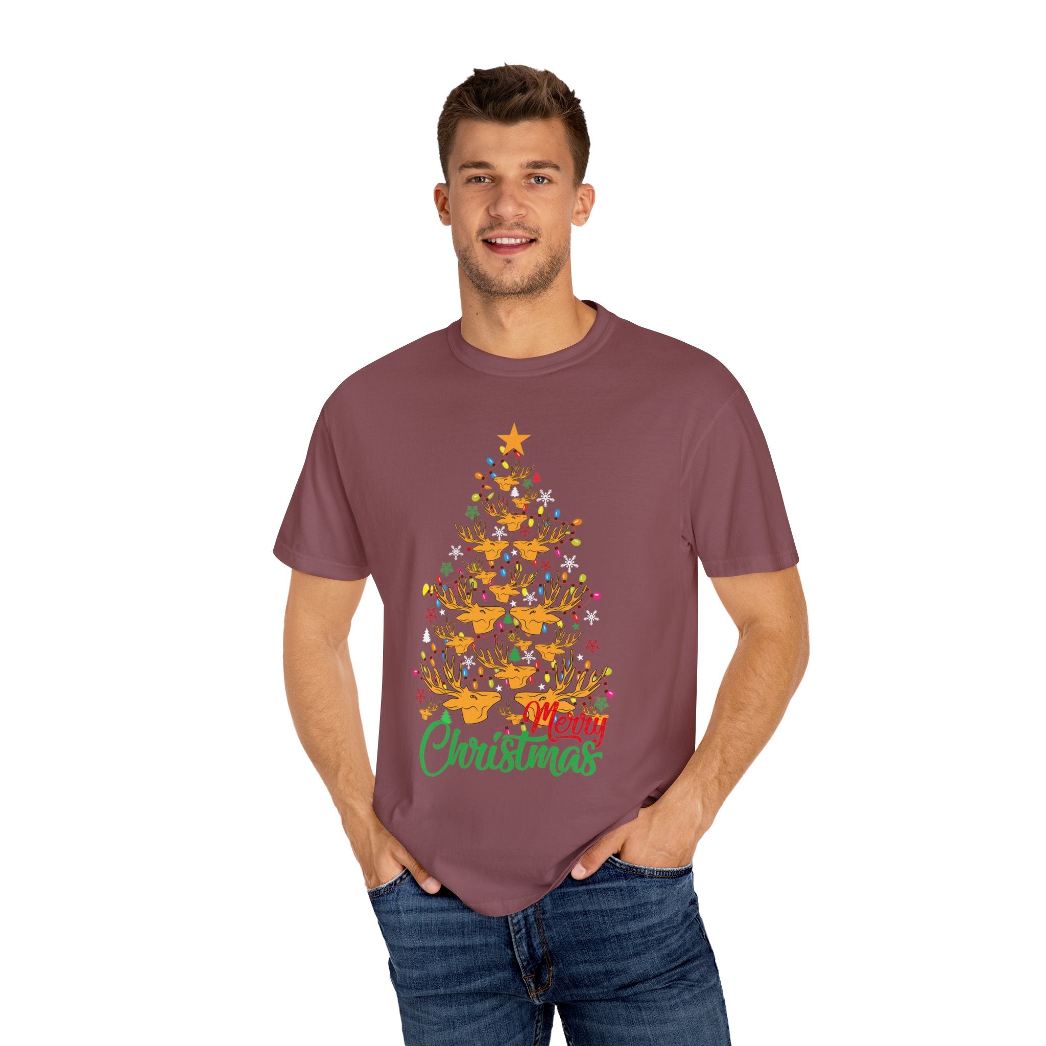 Christmas Tee, Christmas Deer Tree Shirt, Deer Head Trees Design on premium cotton unisex shirt, plus sizes, 2x, 3x, 4x