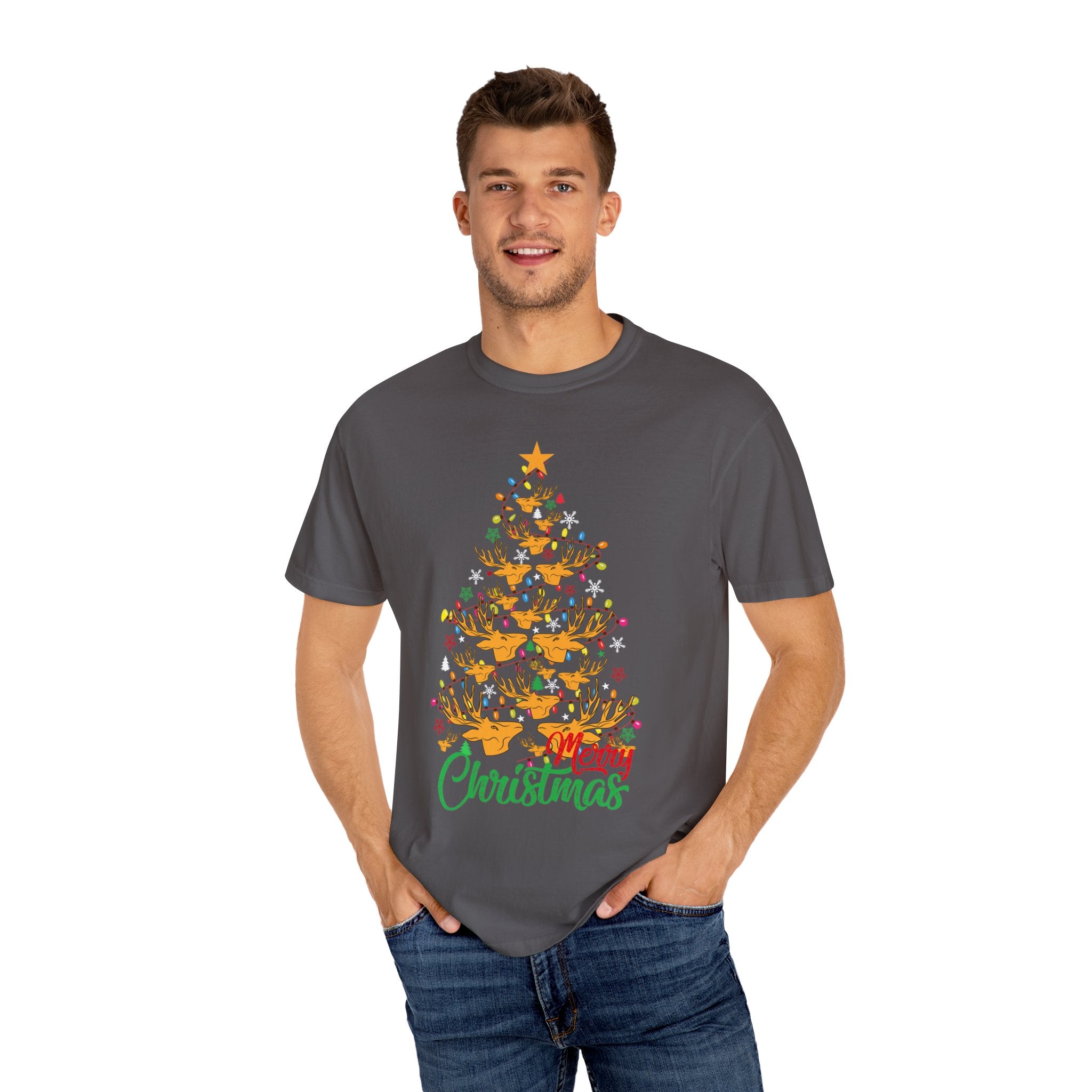 Christmas Tee, Christmas Deer Tree Shirt, Deer Head Trees Design on premium cotton unisex shirt, plus sizes, 2x, 3x, 4x