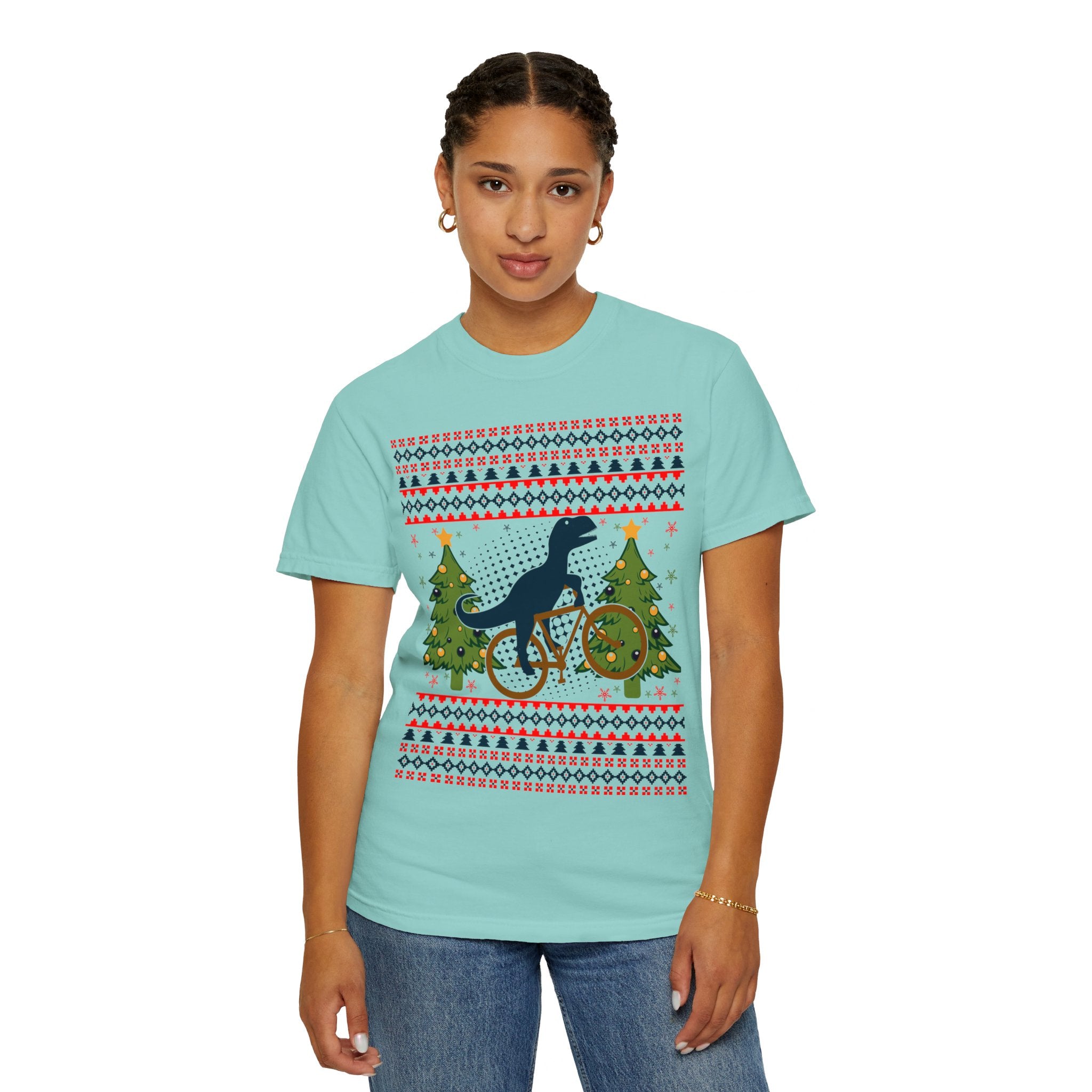 Ugly Christmas Dinosaur Riding Bike Shirt, Dinosaur Christmas Sweater, Dino Riders Tshirt, Dinosaur on a Bike Shirt