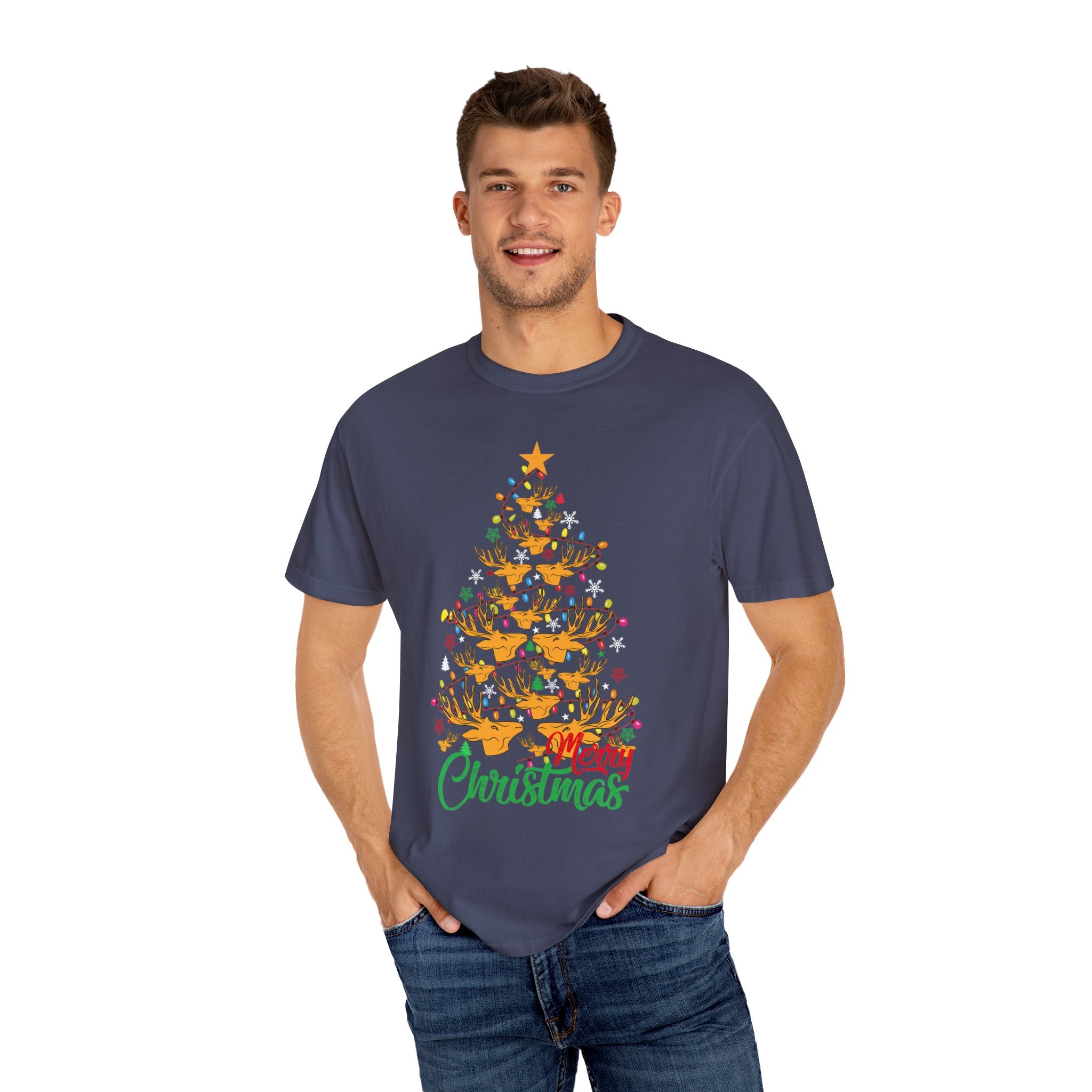 Christmas Tee, Christmas Deer Tree Shirt, Deer Head Trees Design on premium cotton unisex shirt, plus sizes, 2x, 3x, 4x