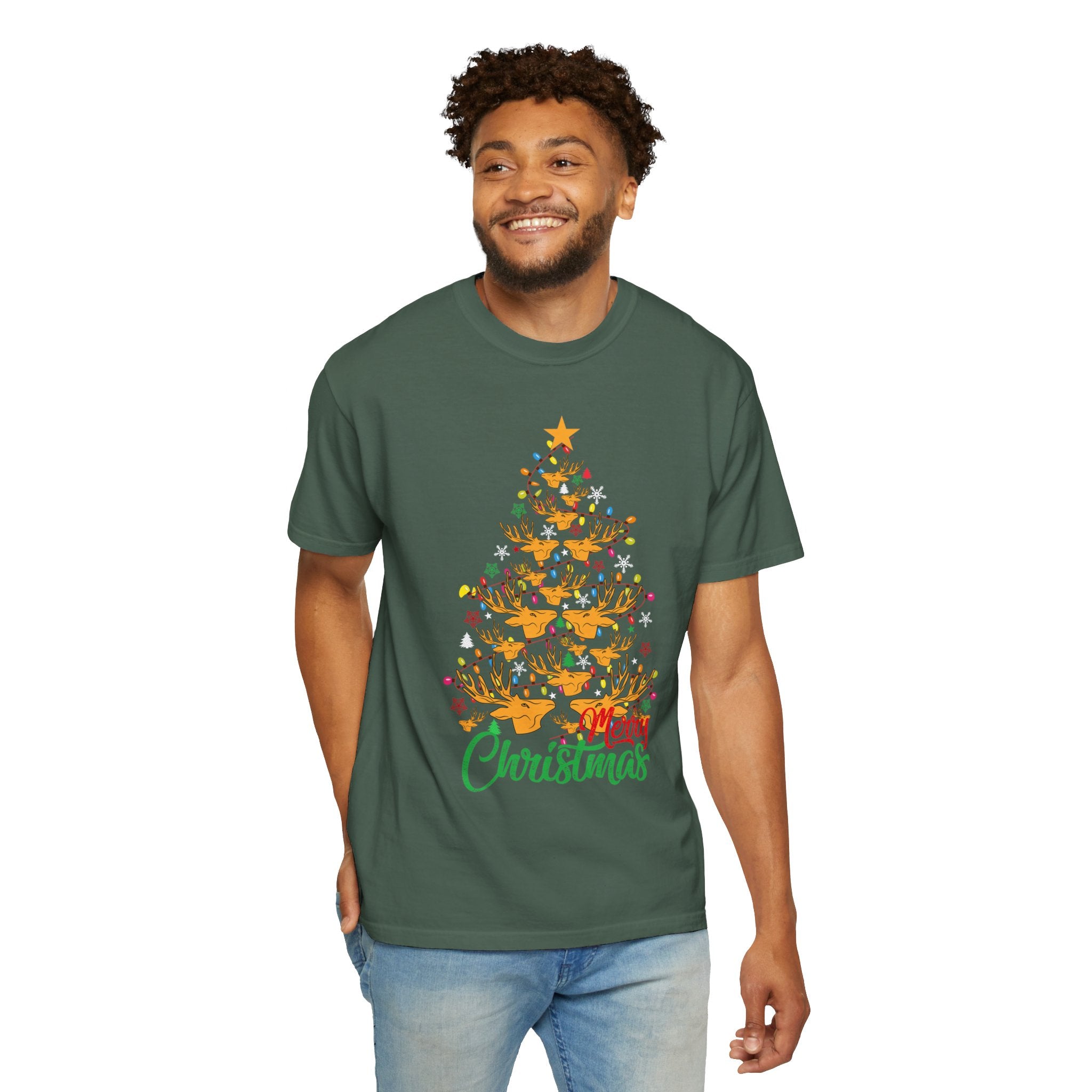 Christmas Tee, Christmas Deer Tree Shirt, Deer Head Trees Design on premium cotton unisex shirt, plus sizes, 2x, 3x, 4x
