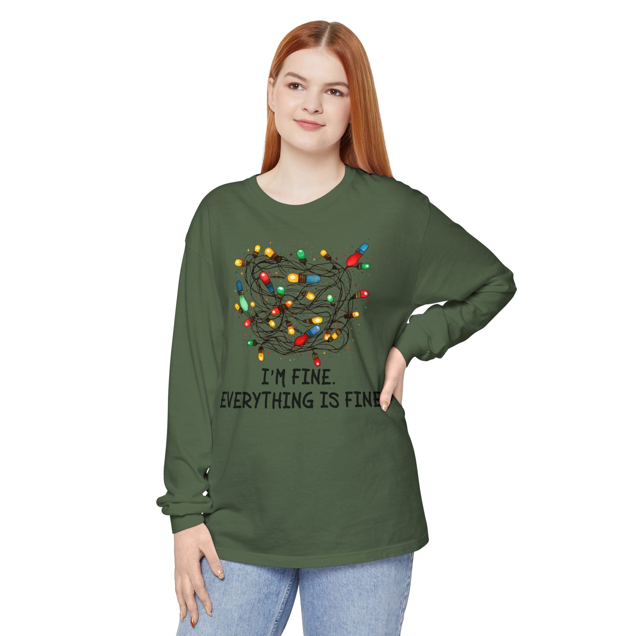 I'm Fine Everything Is Fine Long Sleeve T-Shirt, I'm Fine Tangled Christmas Lights Comfort Colors Long Sleeve Shirt, Introverts Christmas Anxiety Shirt