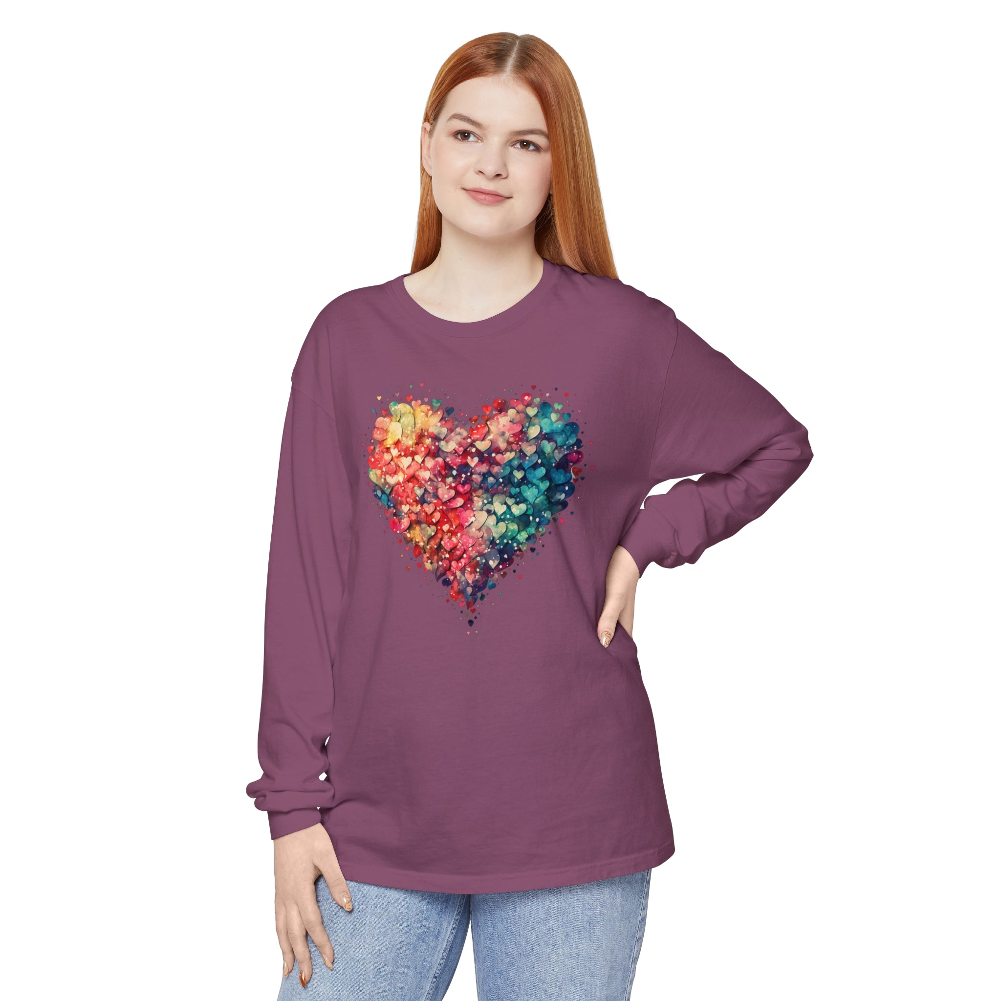 Watercolor Heart Long Sleeve T-Shirt, Colorful Heart Shirt, Cute Heart Valentines Love Long sleeve Tee, Beautiful Watercolor Heart, Hearts Layered Design