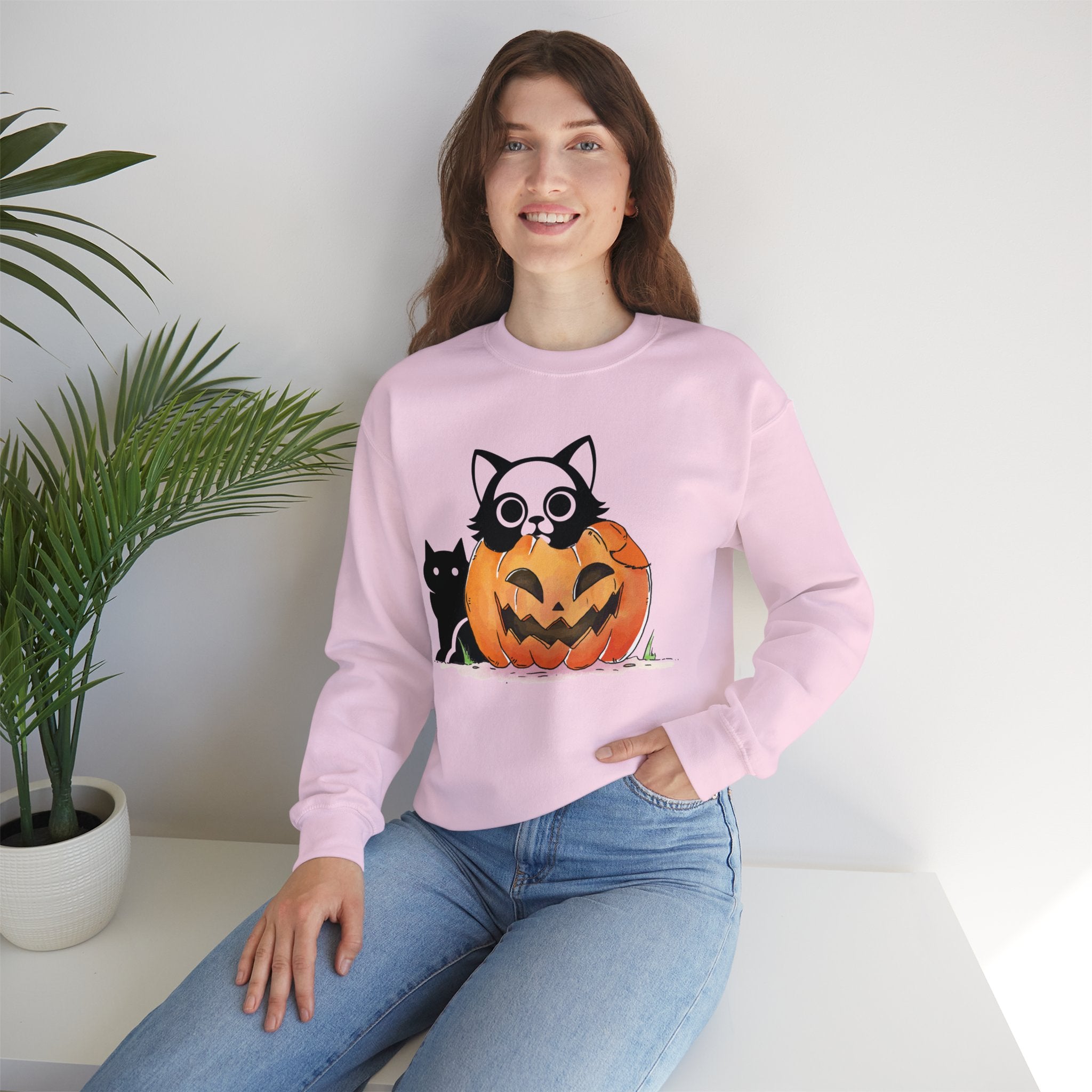 Black Cat Pumpkin Sweatshirt, Halloween Sweatshirt, Pumpkin shirt, Fall Sweatshirt for Women, Halloween Crewneck, Spooky Season, Bat top