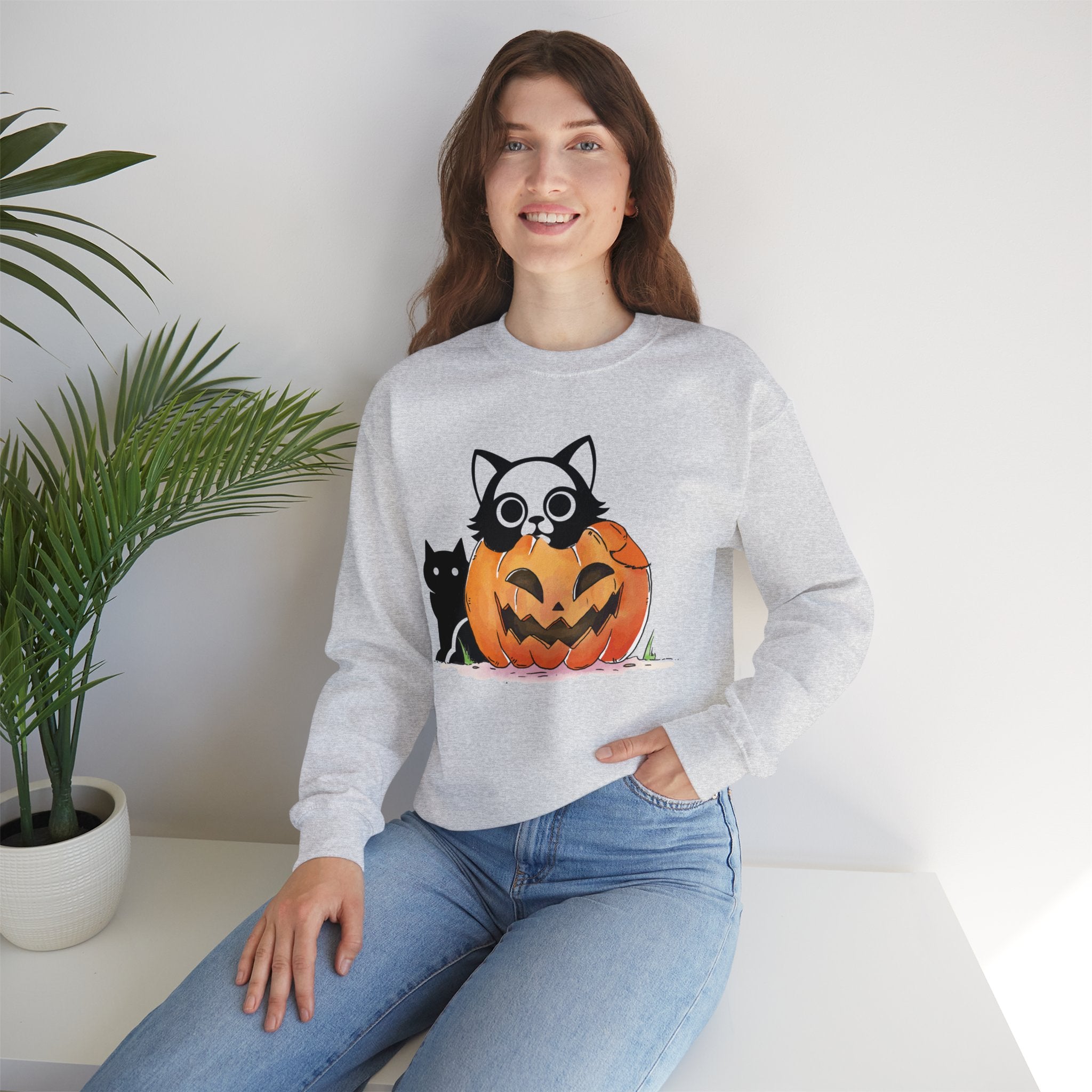 Black Cat Pumpkin Sweatshirt, Halloween Sweatshirt, Pumpkin shirt, Fall Sweatshirt for Women, Halloween Crewneck, Spooky Season, Bat top