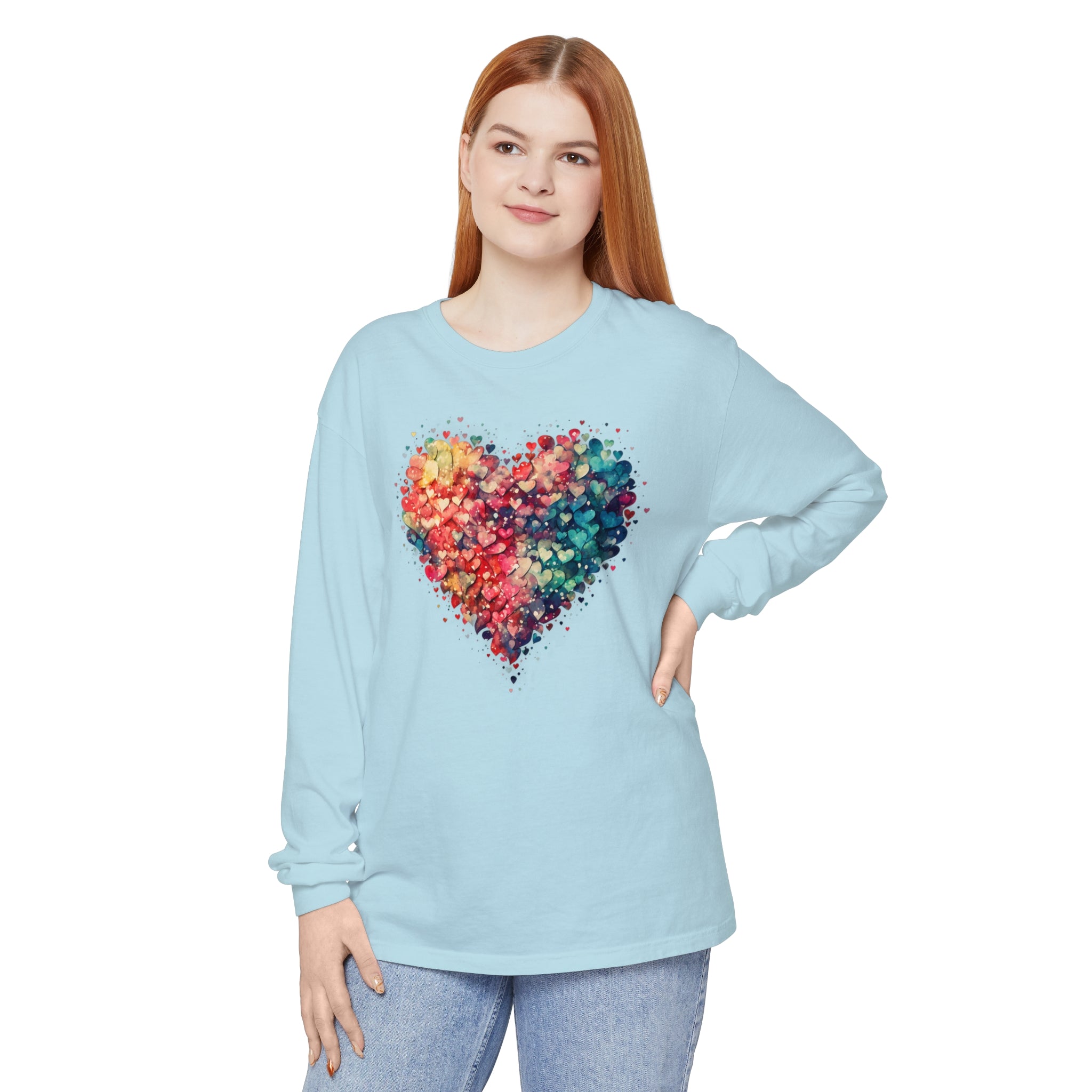 Watercolor Heart Long Sleeve T-Shirt, Colorful Heart Shirt, Cute Heart Valentines Love Long sleeve Tee, Beautiful Watercolor Heart, Hearts Layered Design