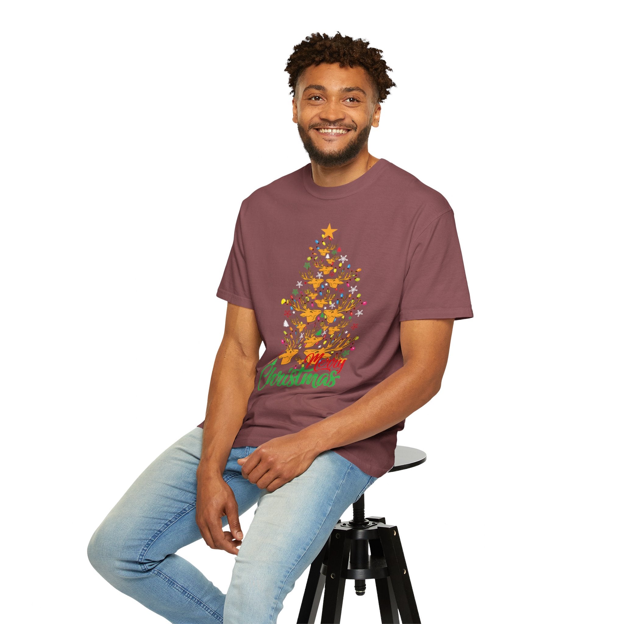 Christmas Tee, Christmas Deer Tree Shirt, Deer Head Trees Design on premium cotton unisex shirt, plus sizes, 2x, 3x, 4x