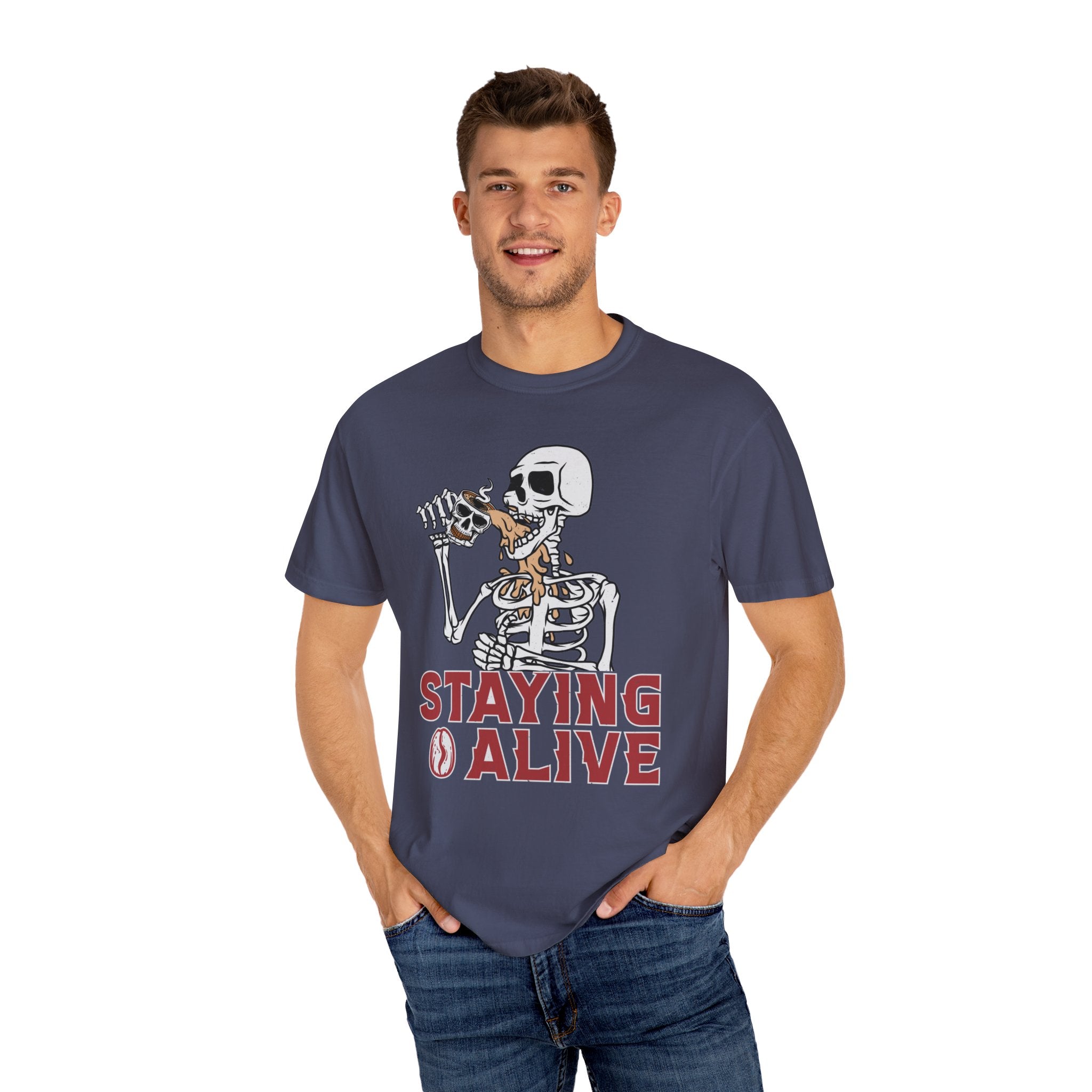 Staying Alive Shirt, Trendy Coffee Shirt, Funny Skeleton T-Shirt, Coffee Lovers Gift Skull Vintage Halloween Tshirt Women Comfort Colors Tee