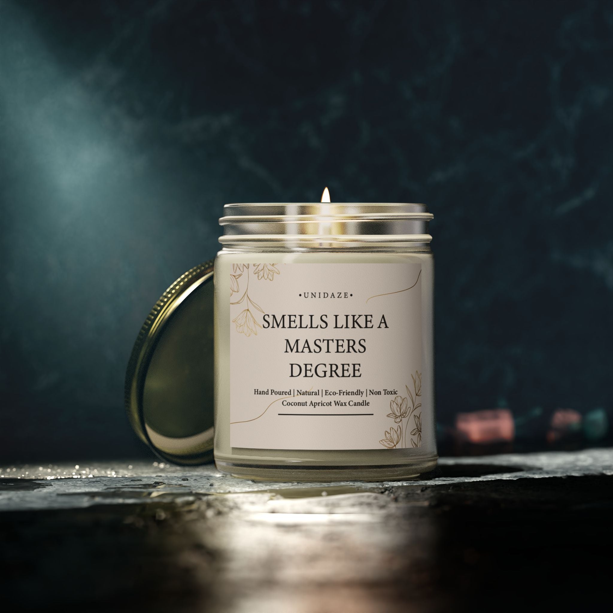 Smells Like A Masters Degree Scented Coconut Candle, Hand Poured 4 oz. 9 oz. Glass Jar, Two Degrees Hotter, Minimal, Graduation Gift, MBA MS MA