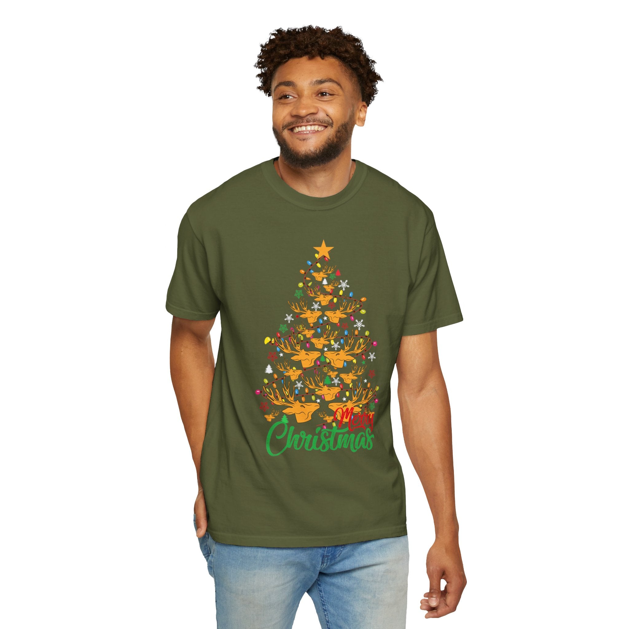 Christmas Tee, Christmas Deer Tree Shirt, Deer Head Trees Design on premium cotton unisex shirt, plus sizes, 2x, 3x, 4x
