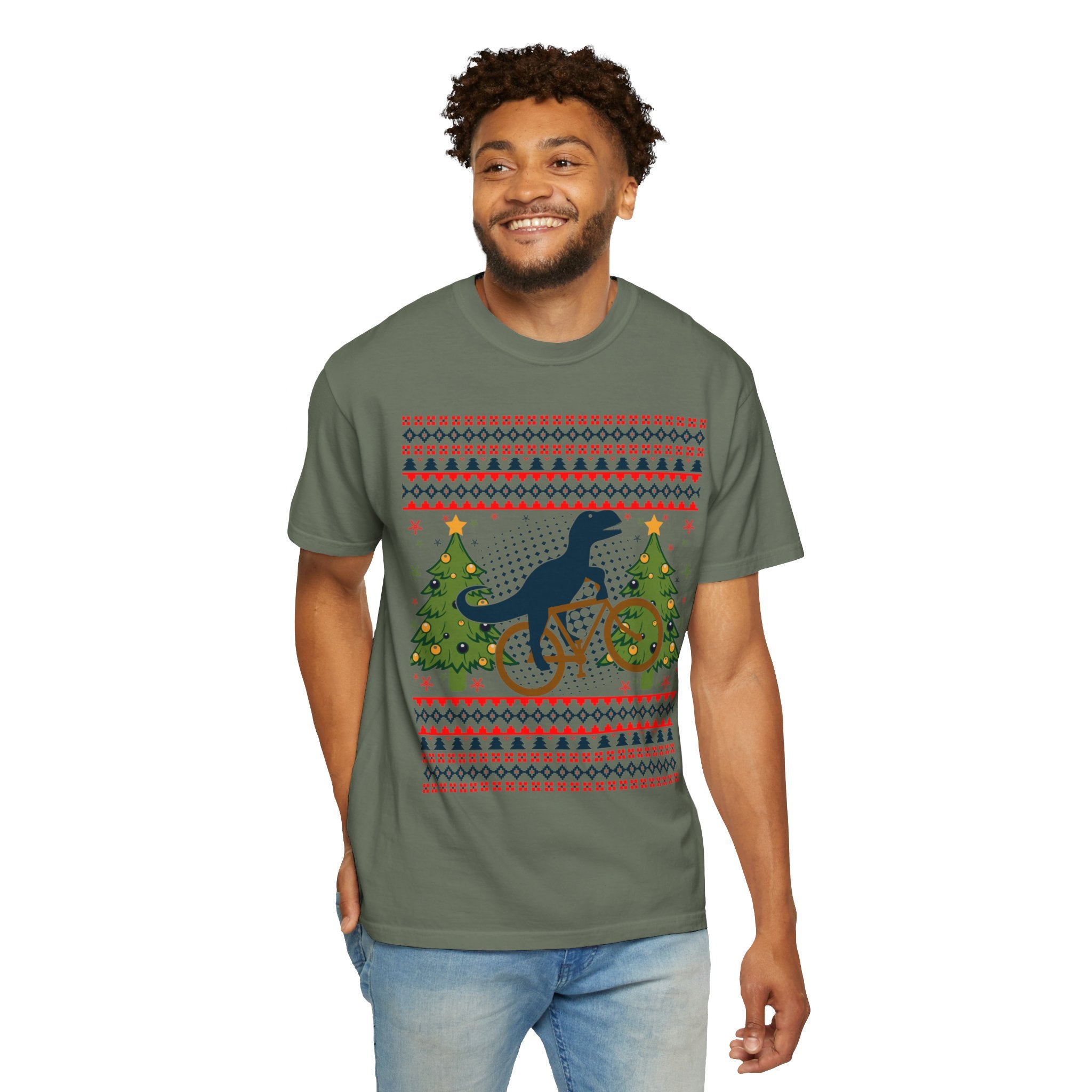 Ugly Christmas Dinosaur Riding Bike Shirt, Dinosaur Christmas Sweater, Dino Riders Tshirt, Dinosaur on a Bike Shirt