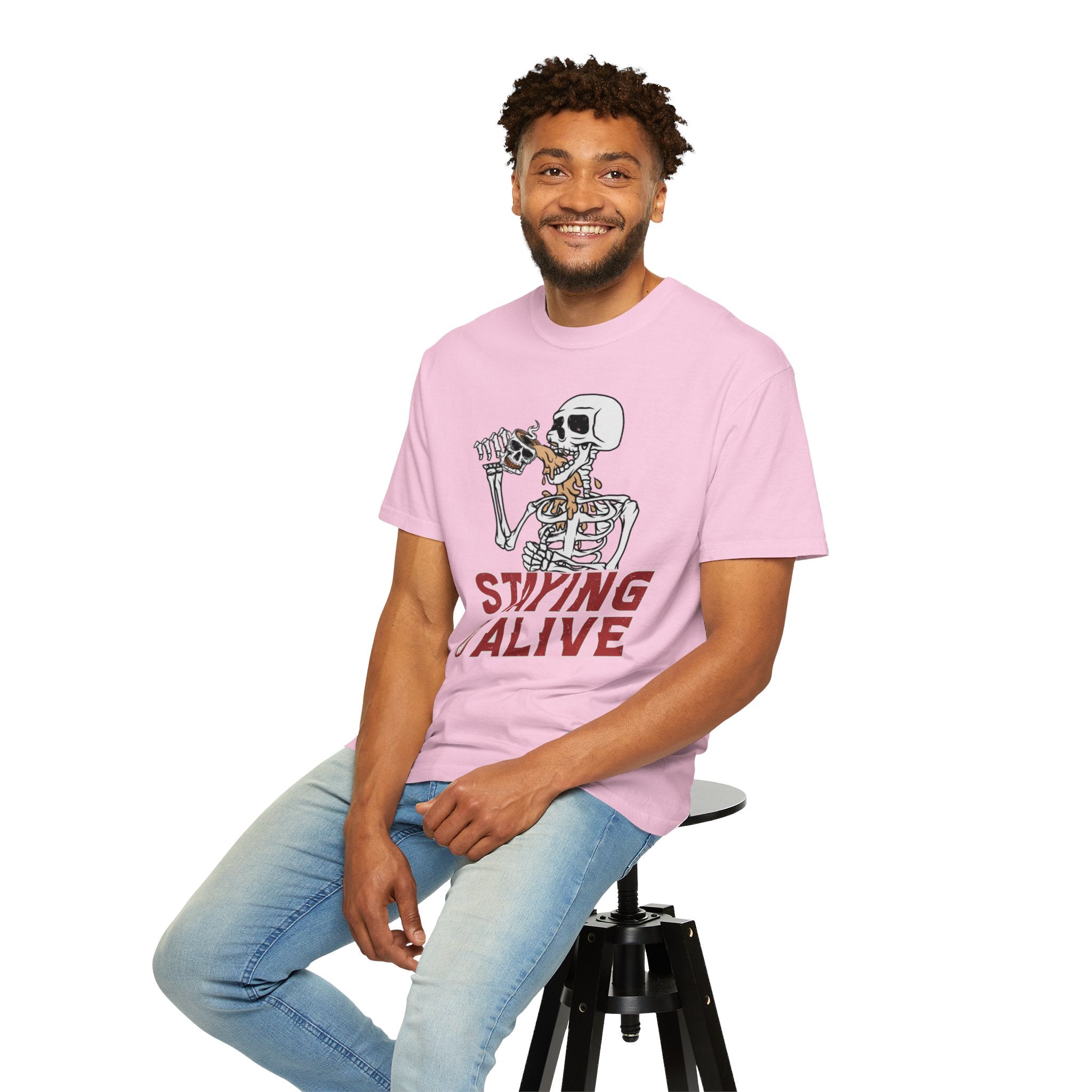 Staying Alive Shirt, Trendy Coffee Shirt, Funny Skeleton T-Shirt, Coffee Lovers Gift Skull Vintage Halloween Tshirt Women Comfort Colors Tee