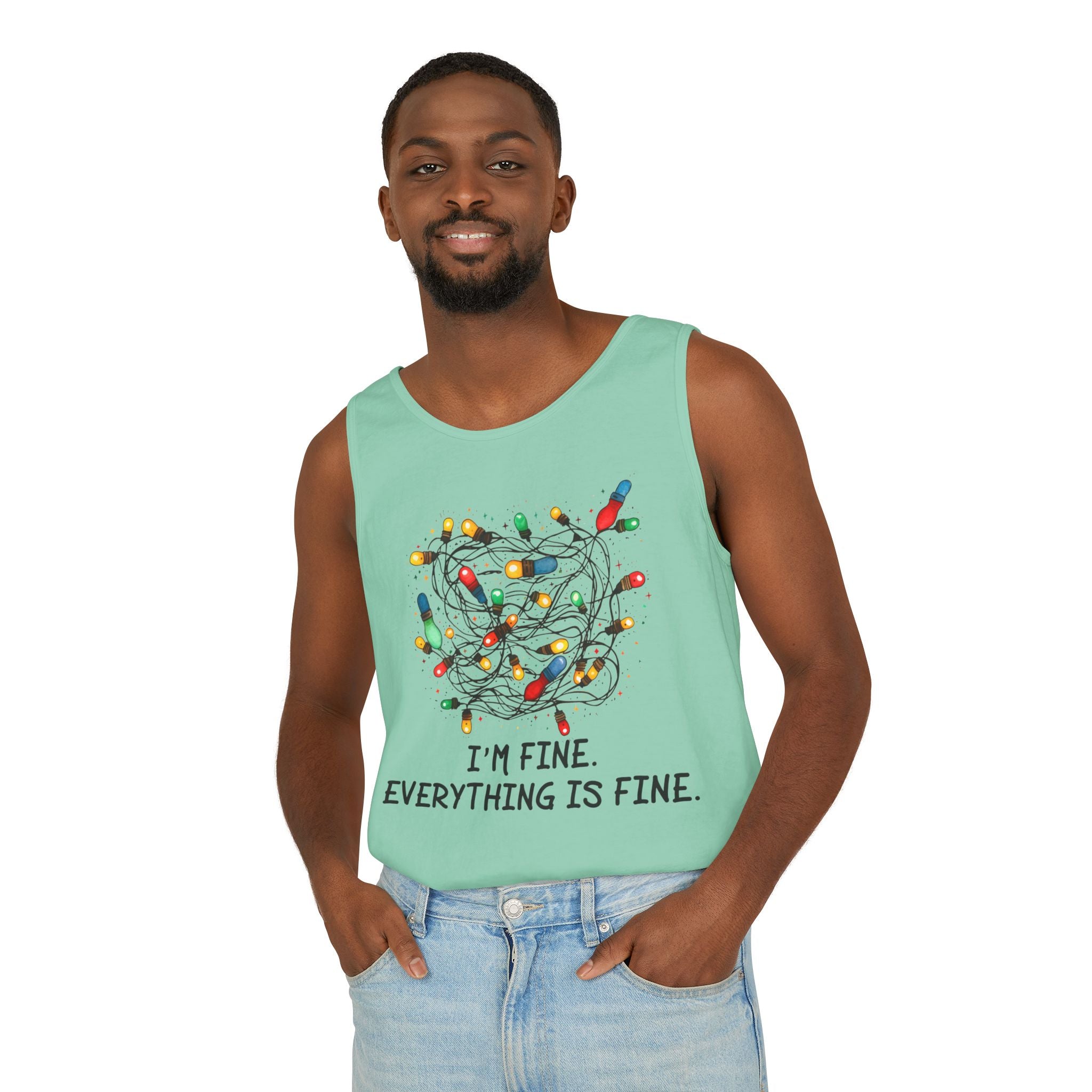 I'm Fine Everything is Fine Tank Top, Tangled Christmas Lights Tank Top, Unisex Xmas Graphic Tee, Christmas Lights Tank top