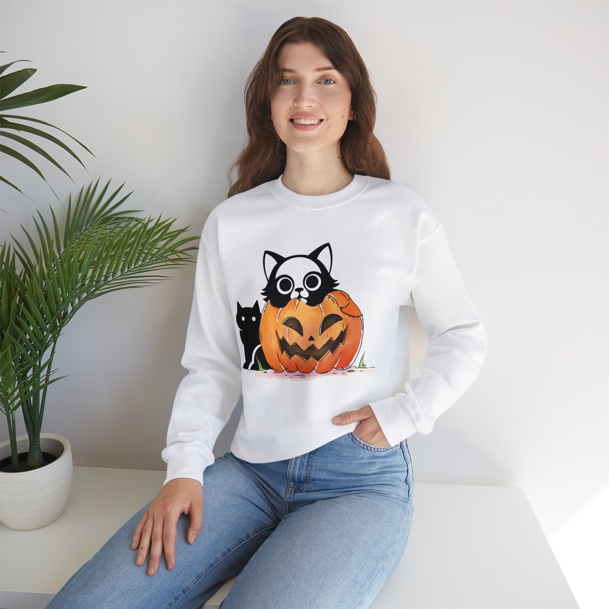 Black Cat Pumpkin Sweatshirt, Halloween Sweatshirt, Pumpkin shirt, Fall Sweatshirt for Women, Halloween Crewneck, Spooky Season, Bat top