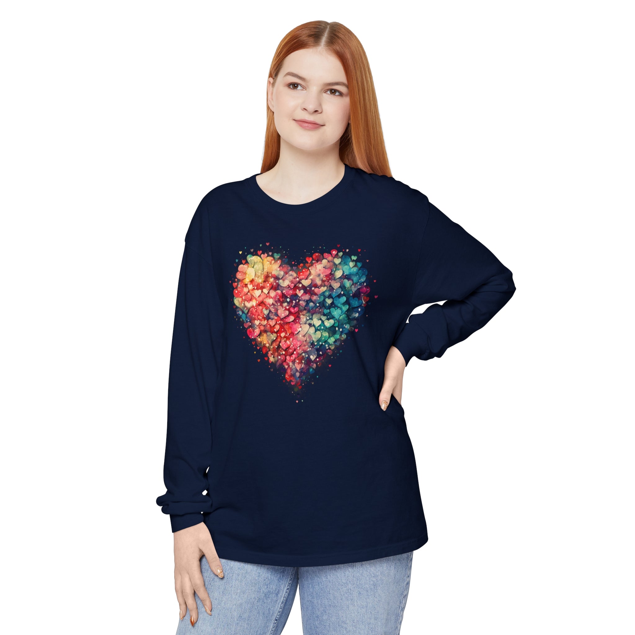 Watercolor Heart Long Sleeve T-Shirt, Colorful Heart Shirt, Cute Heart Valentines Love Long sleeve Tee, Beautiful Watercolor Heart, Hearts Layered Design