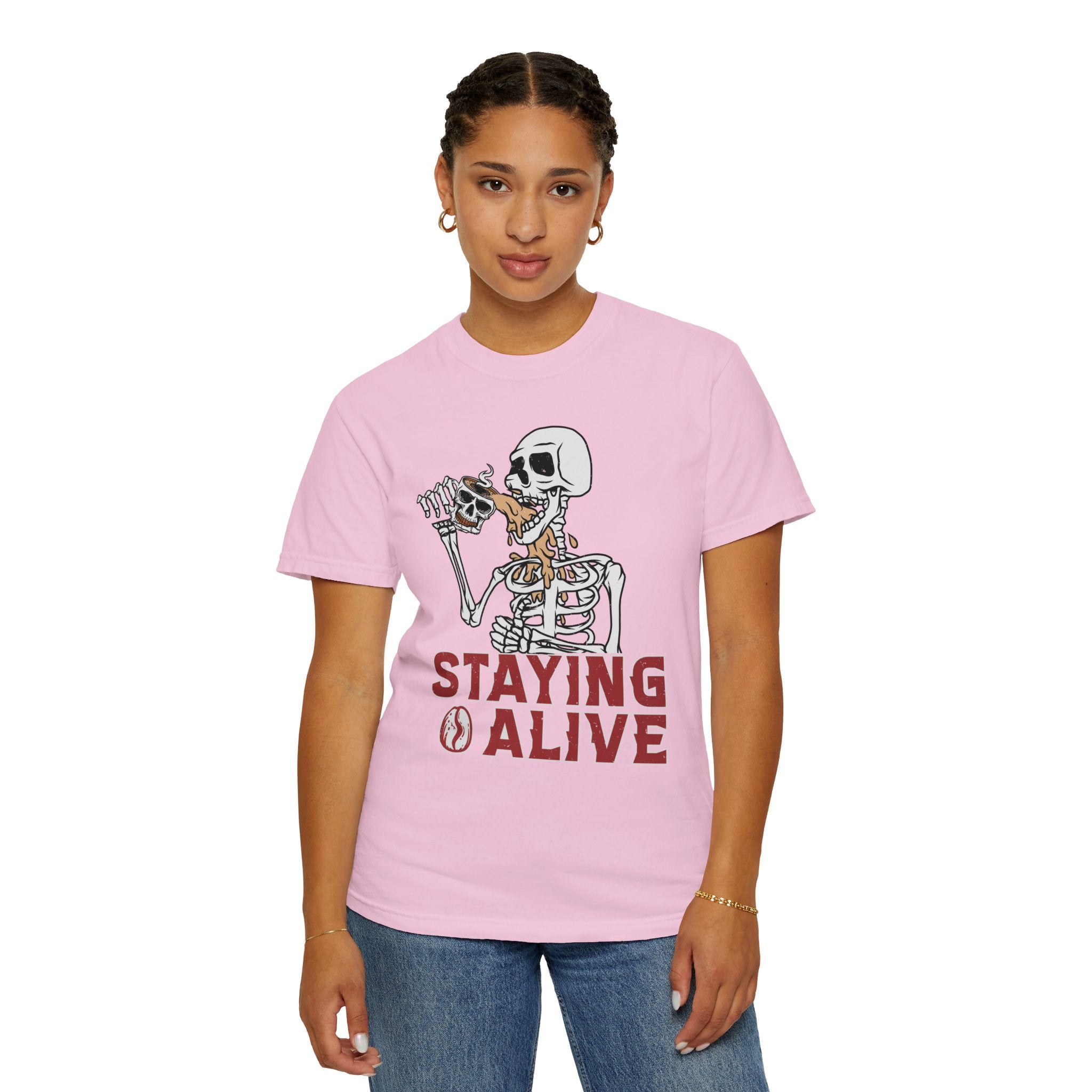 Staying Alive Shirt, Trendy Coffee Shirt, Funny Skeleton T-Shirt, Coffee Lovers Gift Skull Vintage Halloween Tshirt Women Comfort Colors Tee