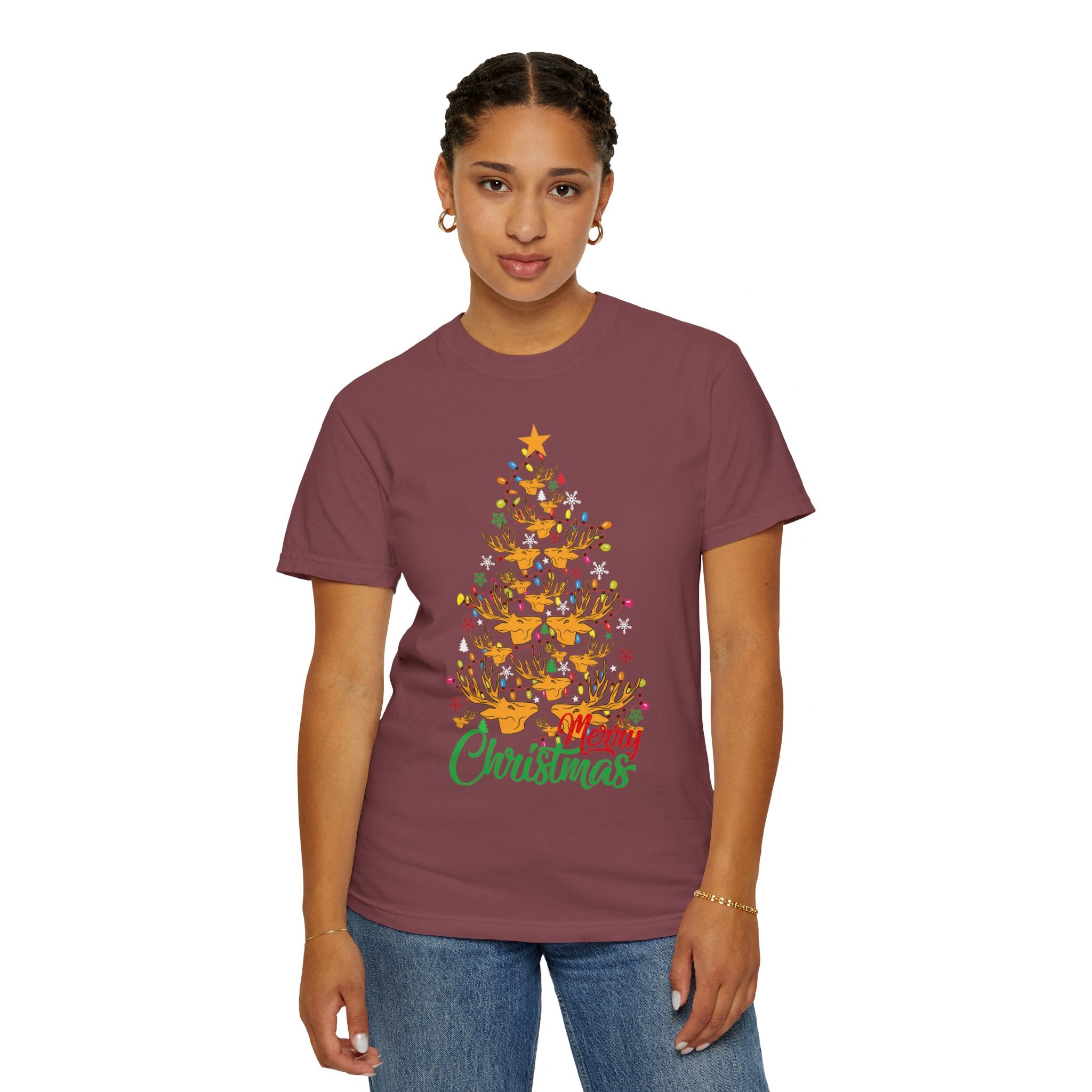 Christmas Tee, Christmas Deer Tree Shirt, Deer Head Trees Design on premium cotton unisex shirt, plus sizes, 2x, 3x, 4x