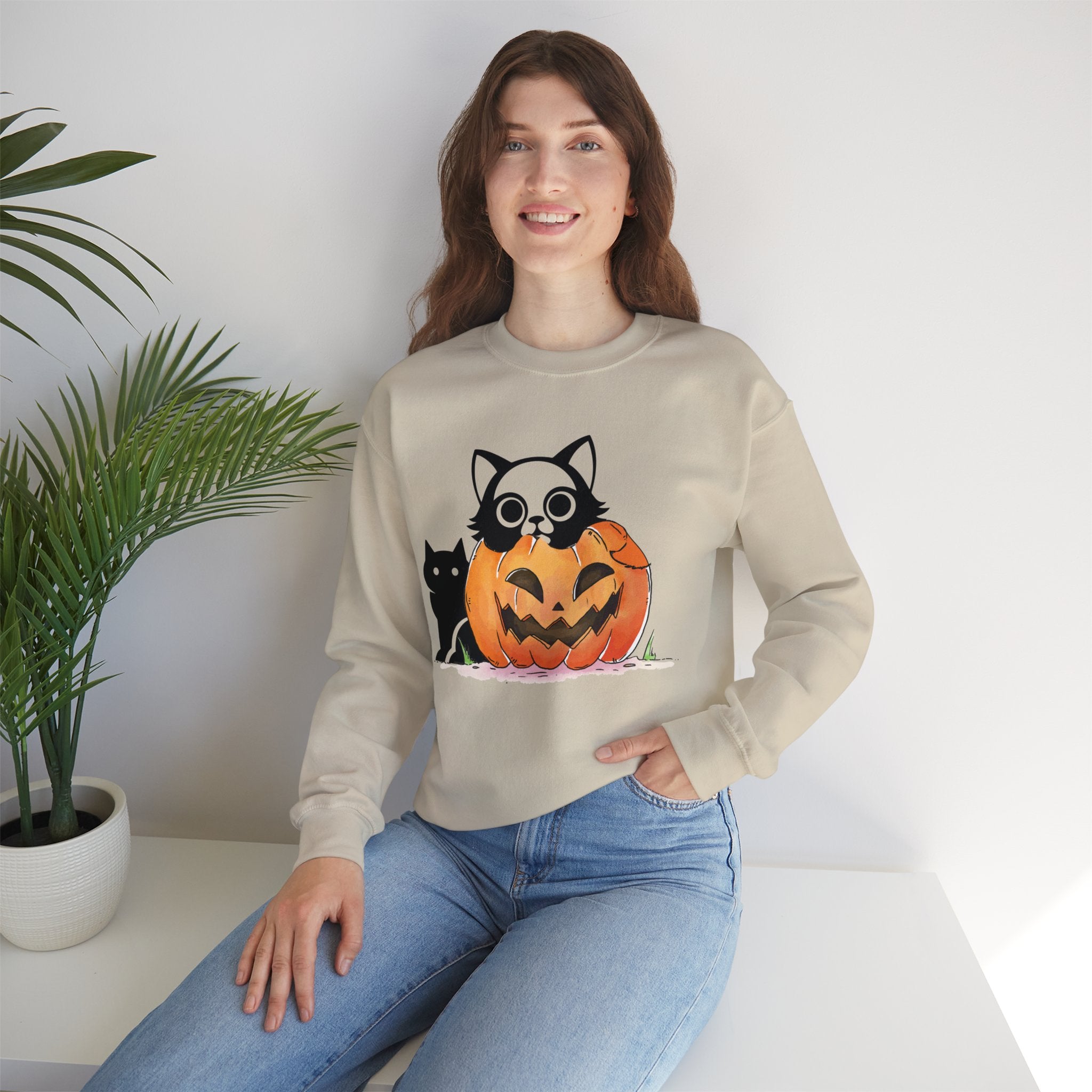 Black Cat Pumpkin Sweatshirt, Halloween Sweatshirt, Pumpkin shirt, Fall Sweatshirt for Women, Halloween Crewneck, Spooky Season, Bat top