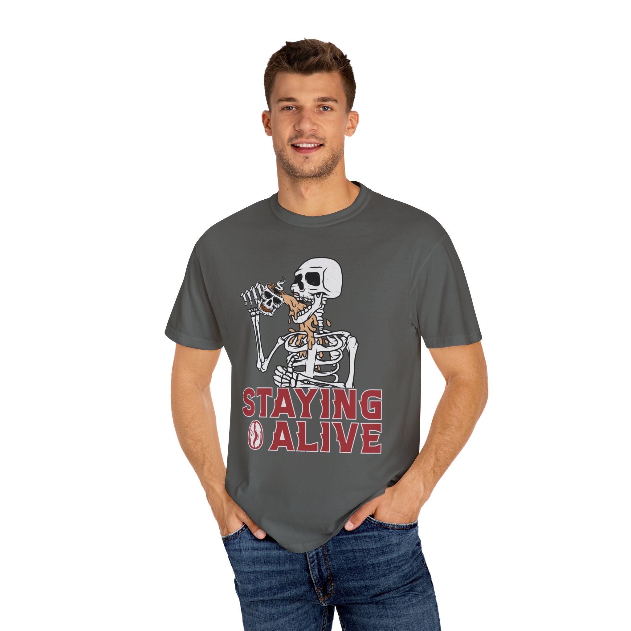 Staying Alive Shirt, Trendy Coffee Shirt, Funny Skeleton T-Shirt, Coffee Lovers Gift Skull Vintage Halloween Tshirt Women Comfort Colors Tee