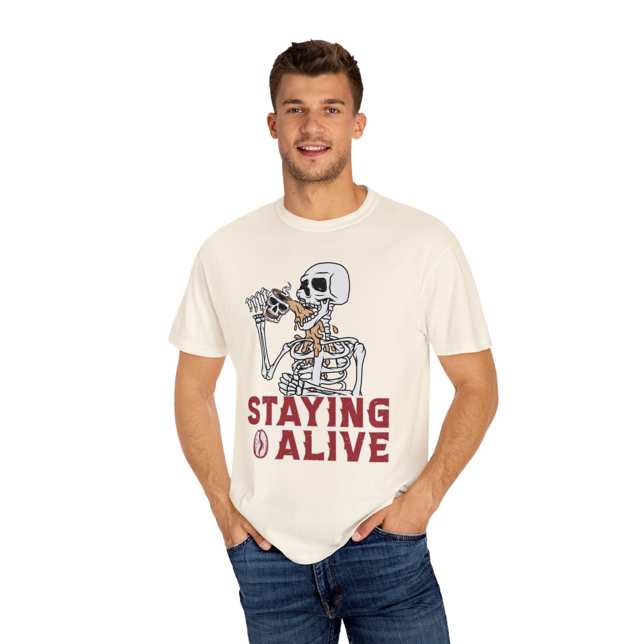 Staying Alive Shirt, Trendy Coffee Shirt, Funny Skeleton T-Shirt, Coffee Lovers Gift Skull Vintage Halloween Tshirt Women Comfort Colors Tee