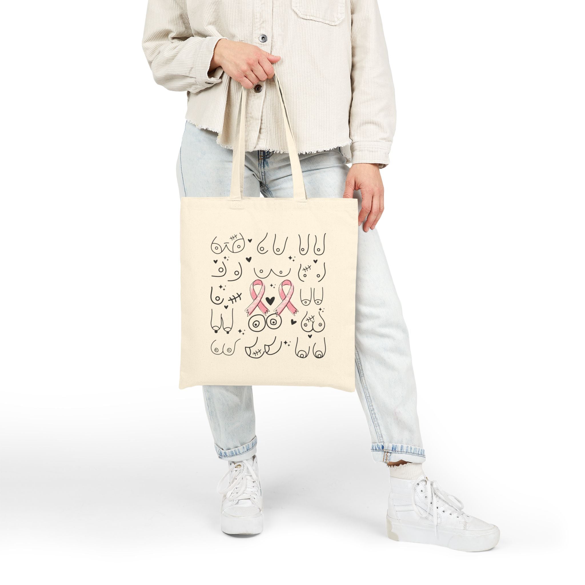 Boobs Tote Bag, Breast Cancer Awareness Tote Bag, Boob Bag, Feminist Tote Bag, Feminist Gift, Boob Design with Pink Ribbon, Self Love Gift, Funny Tote Bag, Body Positive, Womens Rights