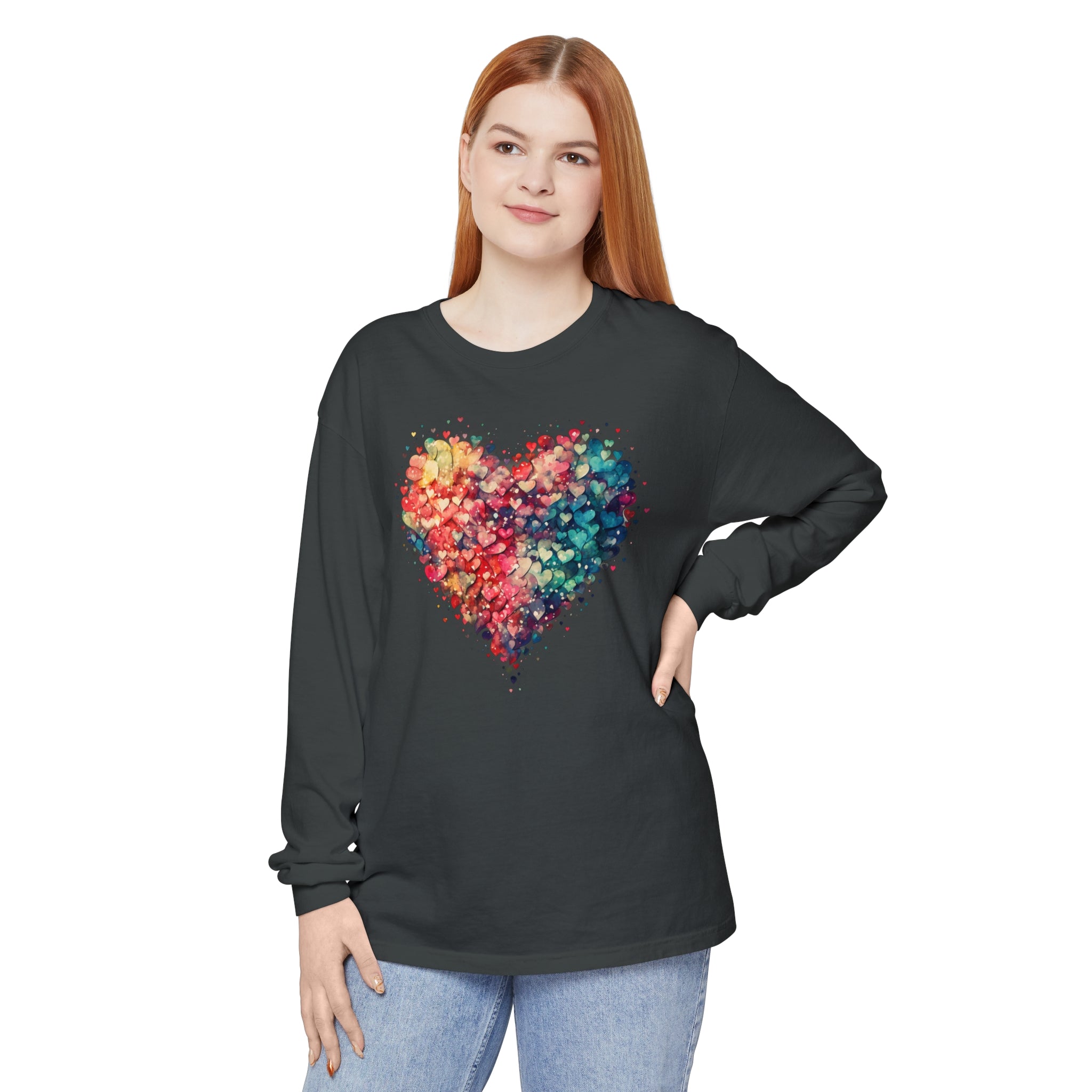 Watercolor Heart Long Sleeve T-Shirt, Colorful Heart Shirt, Cute Heart Valentines Love Long sleeve Tee, Beautiful Watercolor Heart, Hearts Layered Design