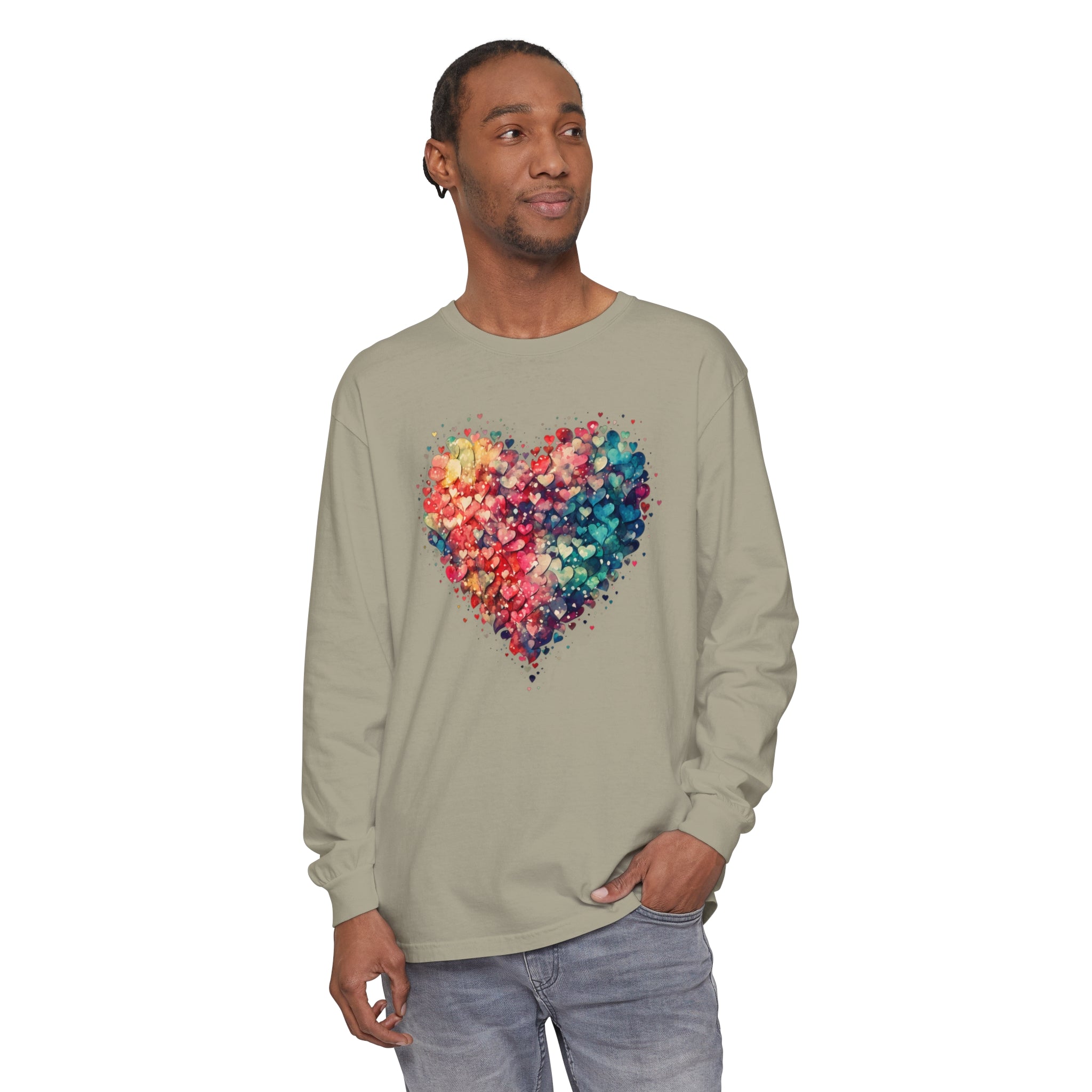 Watercolor Heart Long Sleeve T-Shirt, Colorful Heart Shirt, Cute Heart Valentines Love Long sleeve Tee, Beautiful Watercolor Heart, Hearts Layered Design