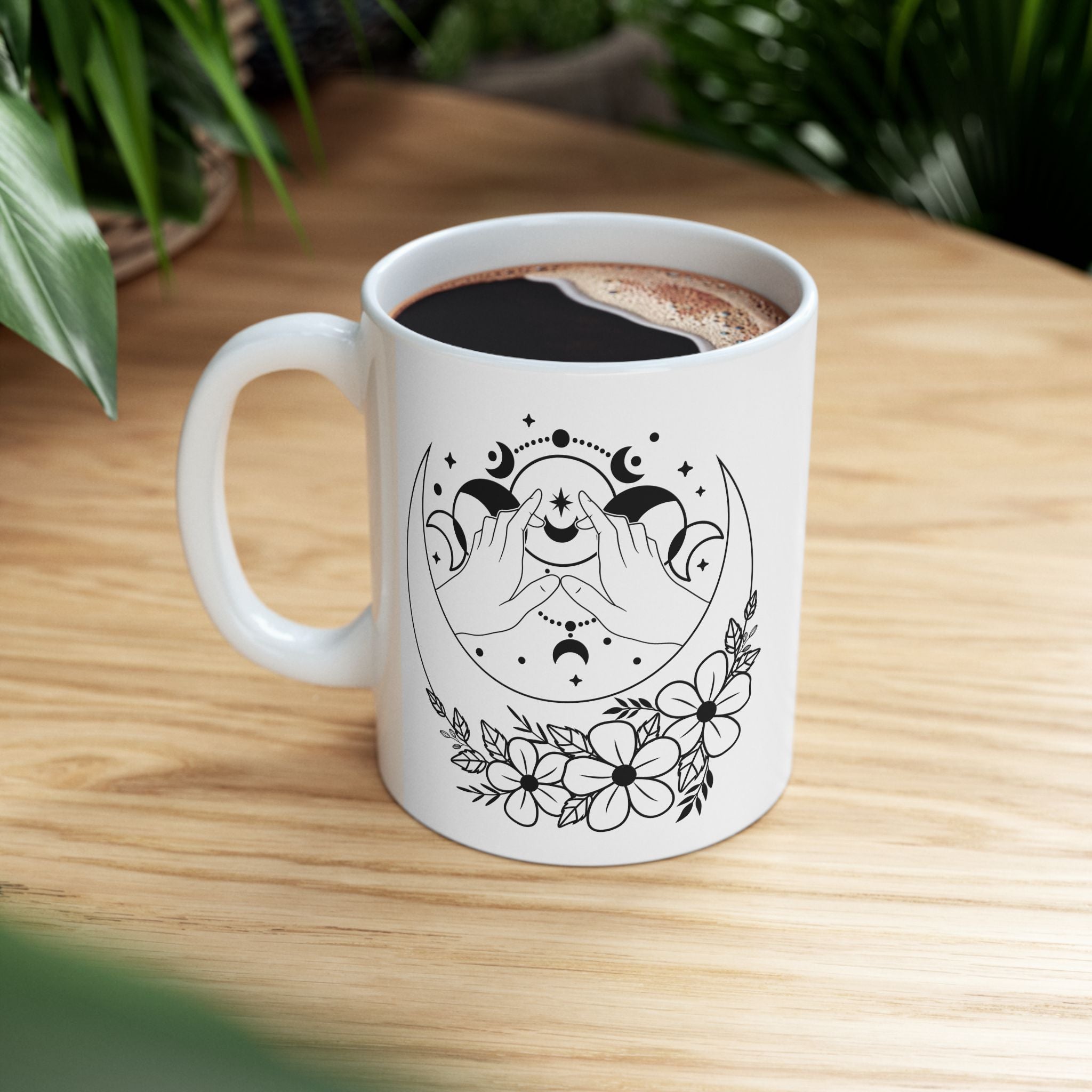 Mystical Moon Phase Witch Hands Mug, Moon Phase Coffee Mug, Celestial Mug, Floral Moon Phase Cup